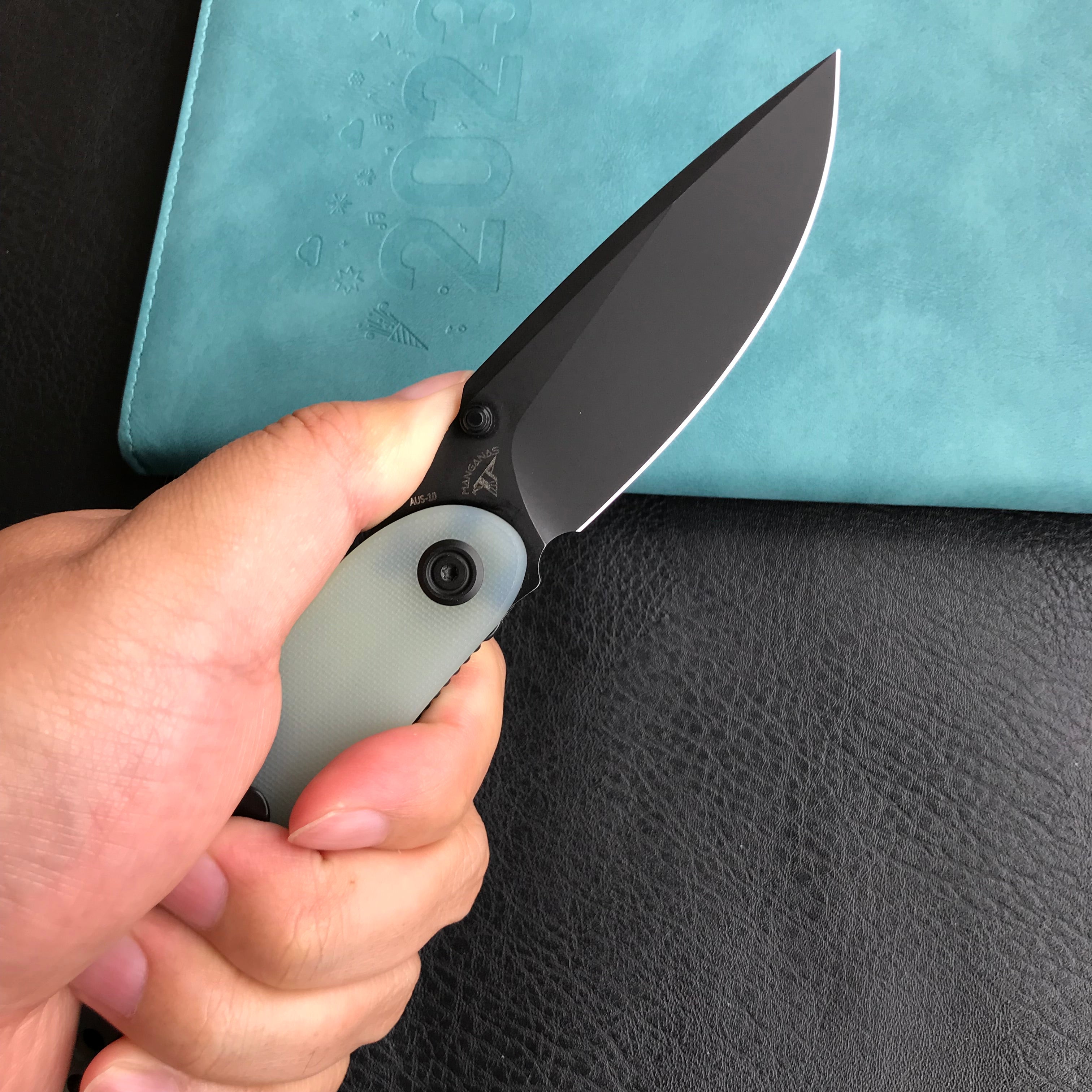 KUBEY KU344J Momentum Sherif Manganas Design Liner Lock Front Flipper / Dual Studs Open Folding Knife Jade G10 Handle 3.43" Dark Stonewashed AUS-10