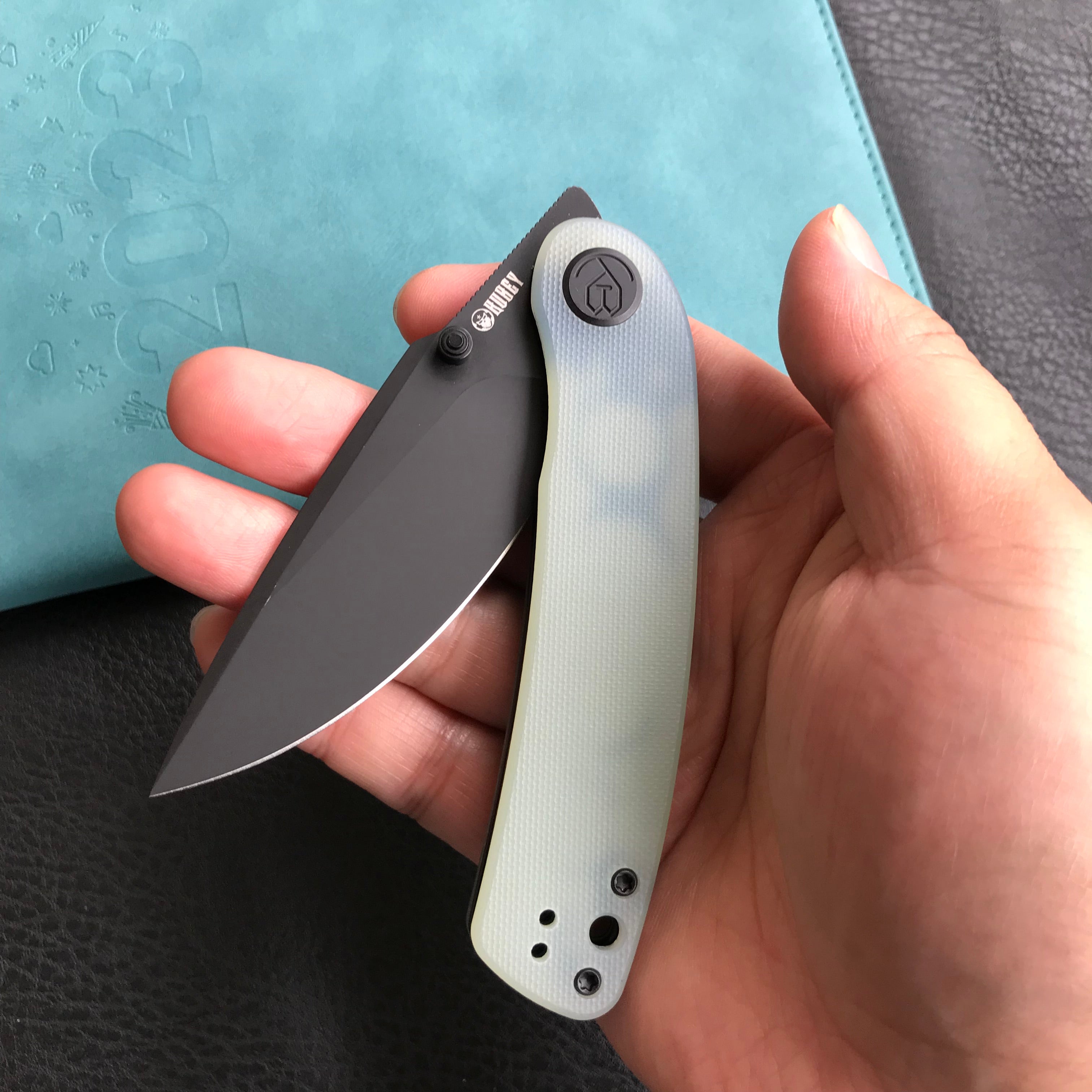 KUBEY KU344J Momentum Sherif Manganas Design Liner Lock Front Flipper / Dual Studs Open Folding Knife Jade G10 Handle 3.43" Dark Stonewashed AUS-10