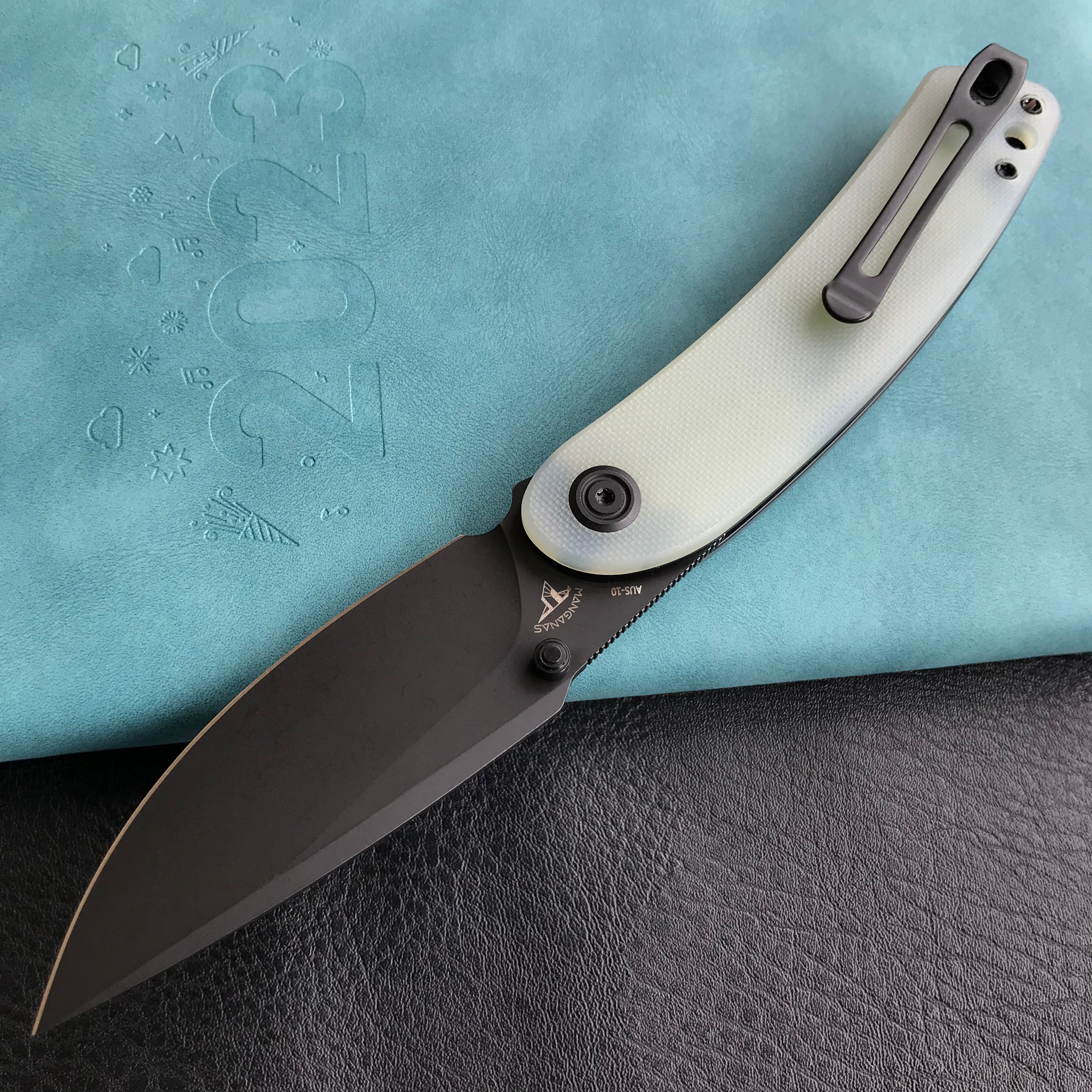 KUBEY KU344J Momentum Sherif Manganas Design Liner Lock Front Flipper / Dual Studs Open Folding Knife Jade G10 Handle 3.43" Dark Stonewashed AUS-10