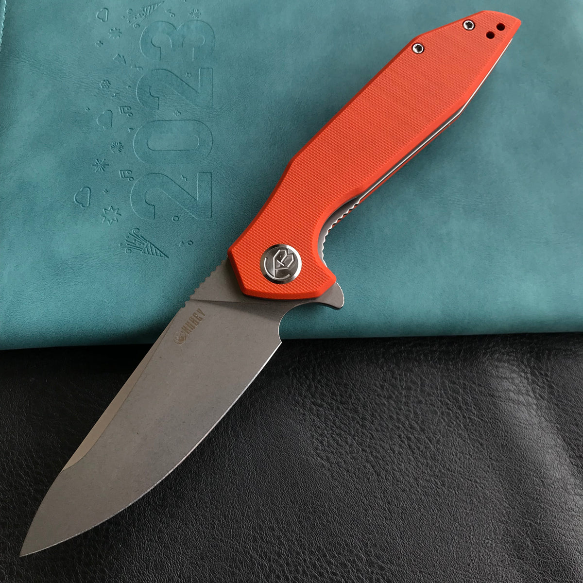 KUBEY KU117H Nova Liner Lock Flipper Folding Pocket Knife Orange G10 Handle Blasted Stonewashed  D2