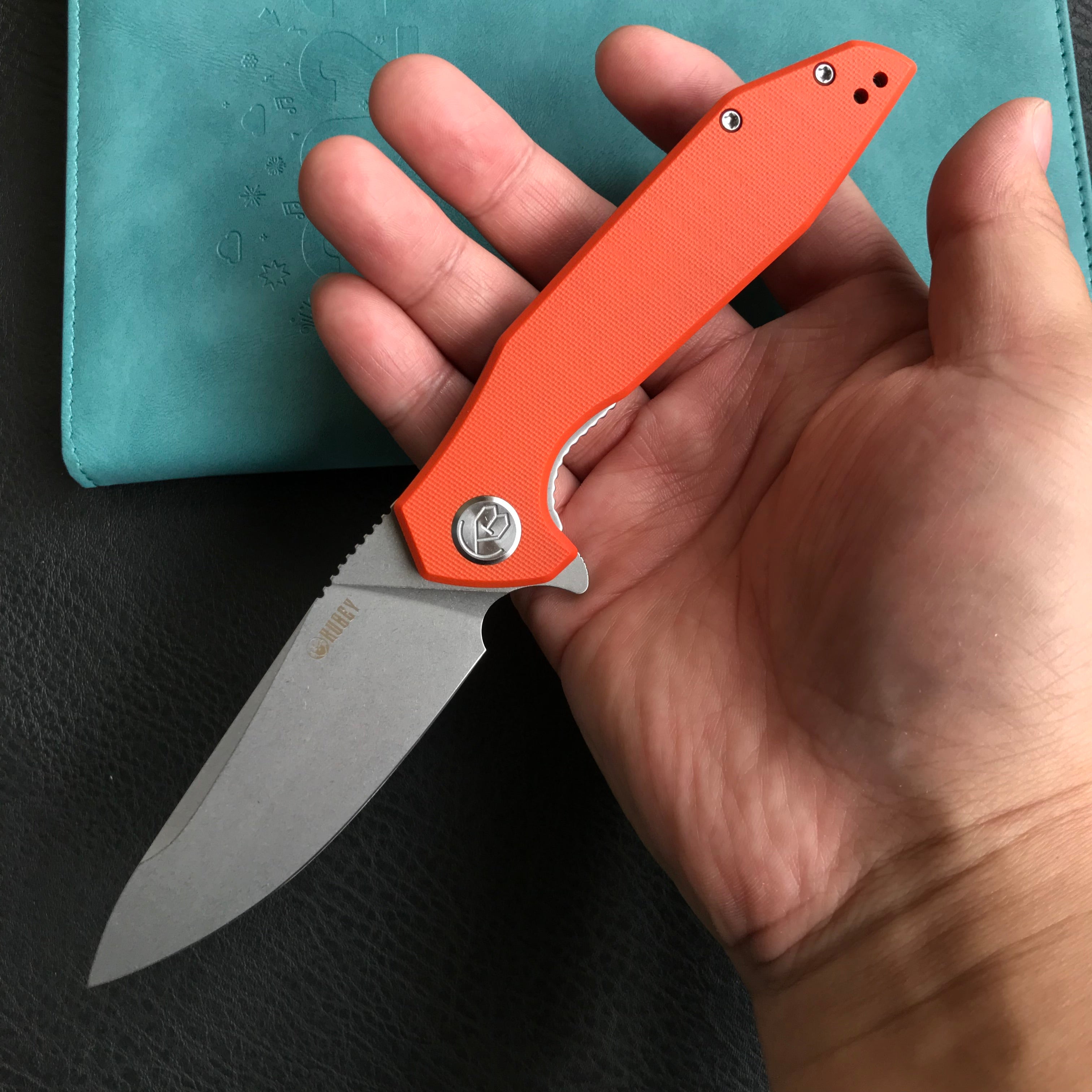 KUBEY KU117H Nova Liner Lock Flipper Folding Pocket Knife Orange G10 Handle Blasted Stonewashed  D2