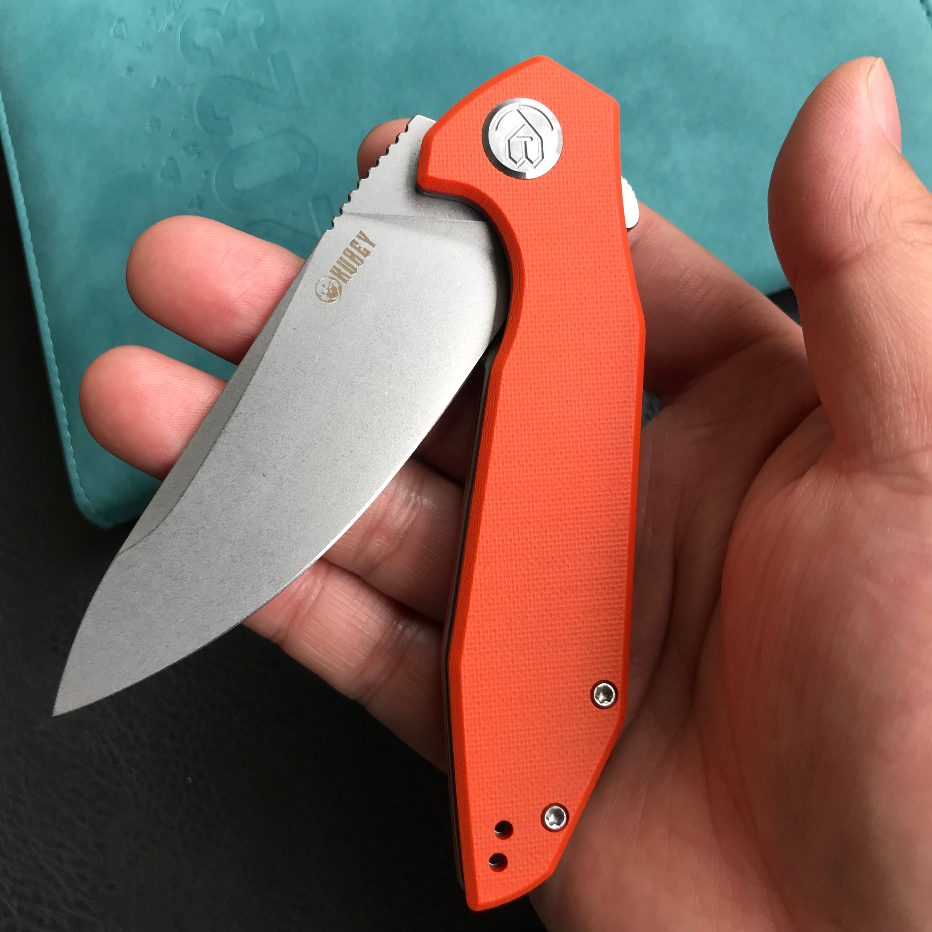 KUBEY KU117H Nova Liner Lock Flipper Folding Pocket Knife Orange G10 Handle Blasted Stonewashed  D2