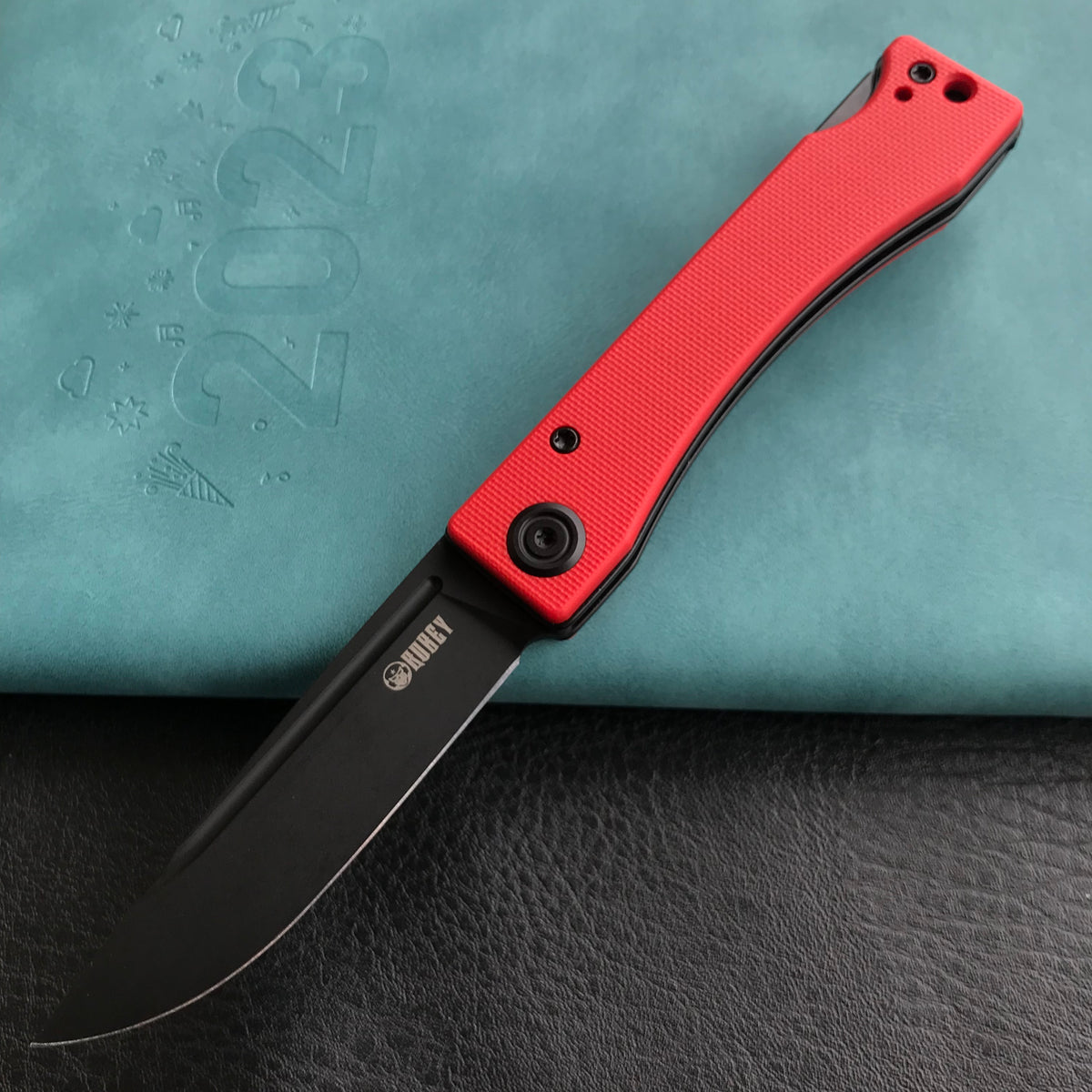 KUBEY KU2102C Akino Lockback Pocket Folding Knife Red G10 Handle 3.15" Blackwashed Sandvik 14C28N