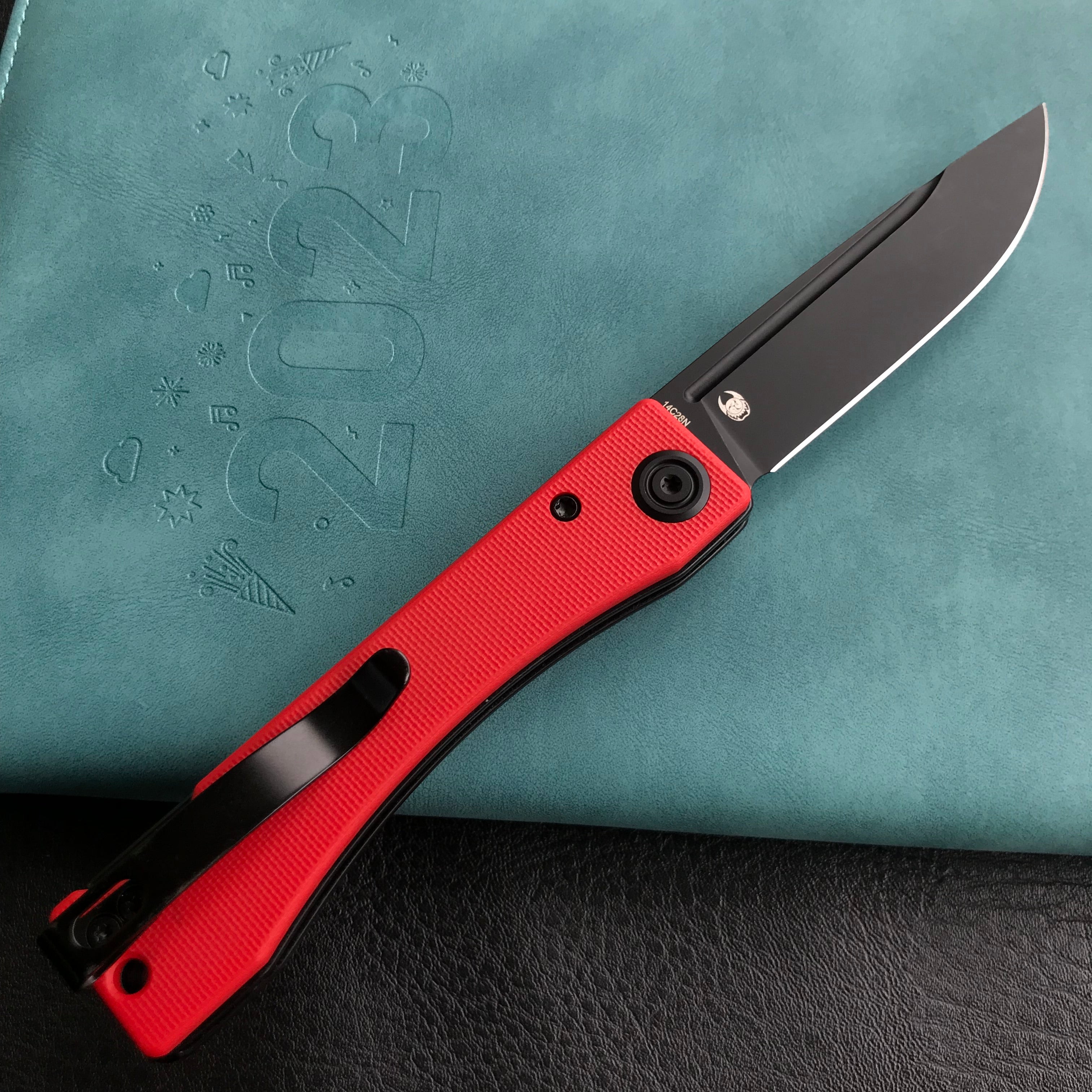 KUBEY KU2102C Akino Lockback Pocket Folding Knife Red G10 Handle 3.15" Blackwashed Sandvik 14C28N