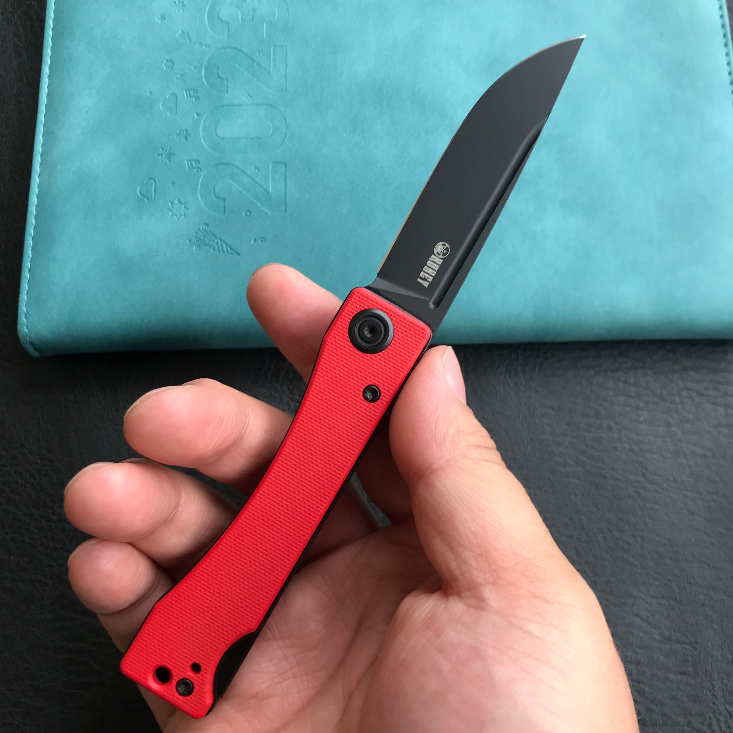 KUBEY KU2102C Akino Lockback Pocket Folding Knife Red G10 Handle 3.15" Blackwashed Sandvik 14C28N