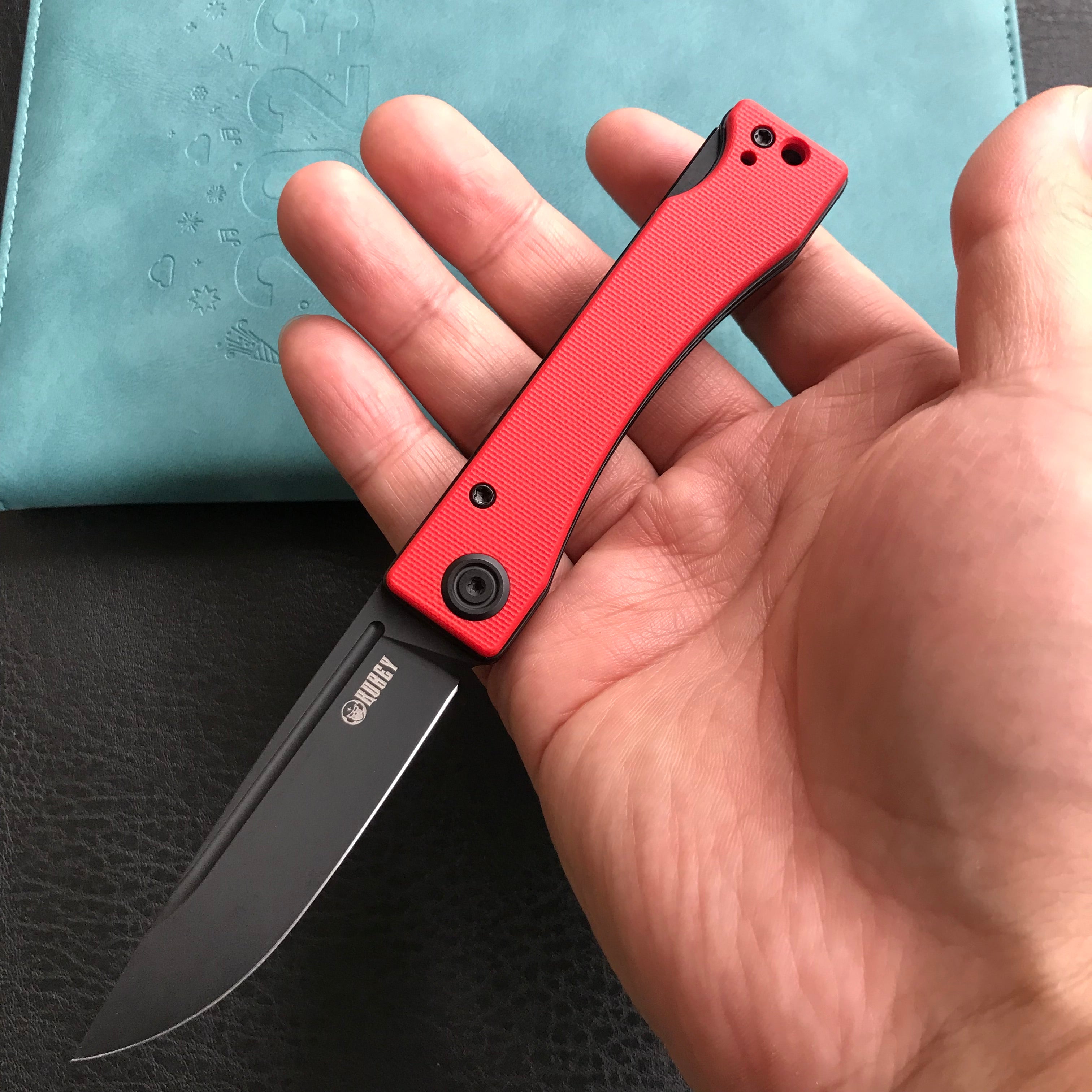 KUBEY KU2102C Akino Lockback Pocket Folding Knife Red G10 Handle 3.15" Blackwashed Sandvik 14C28N