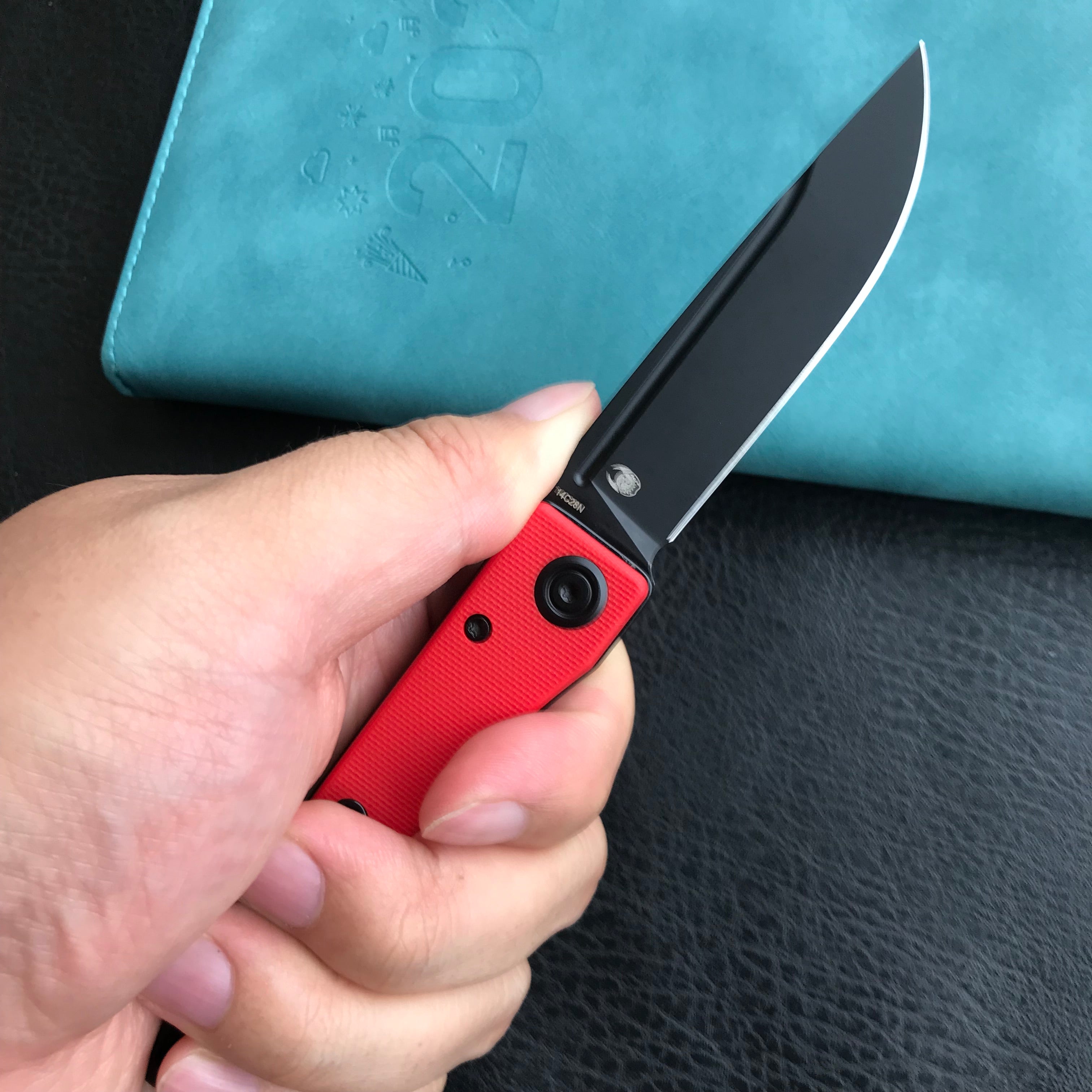 KUBEY KU2102C Akino Lockback Pocket Folding Knife Red G10 Handle 3.15" Blackwashed Sandvik 14C28N