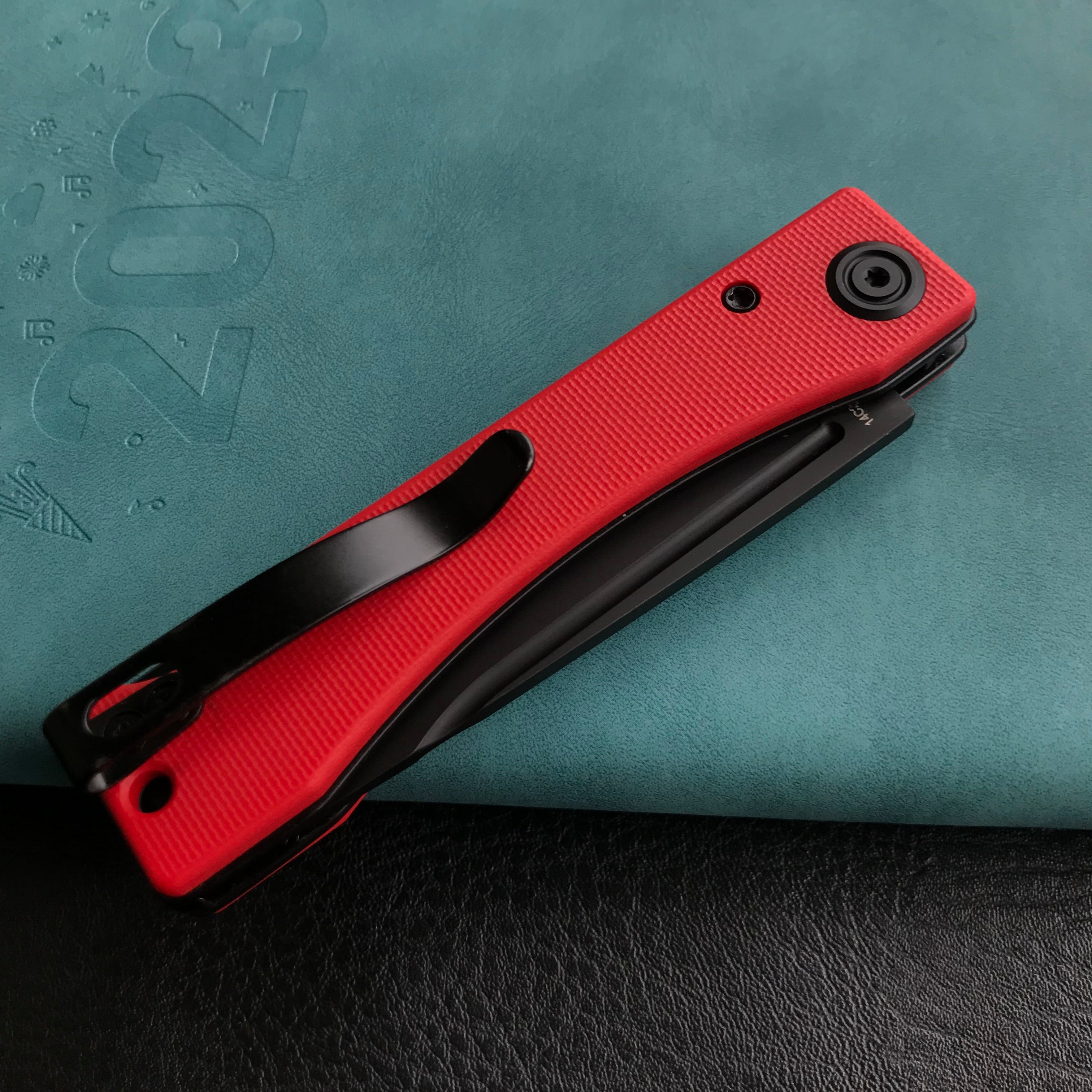 KUBEY KU2102C Akino Lockback Pocket Folding Knife Red G10 Handle 3.15" Blackwashed Sandvik 14C28N