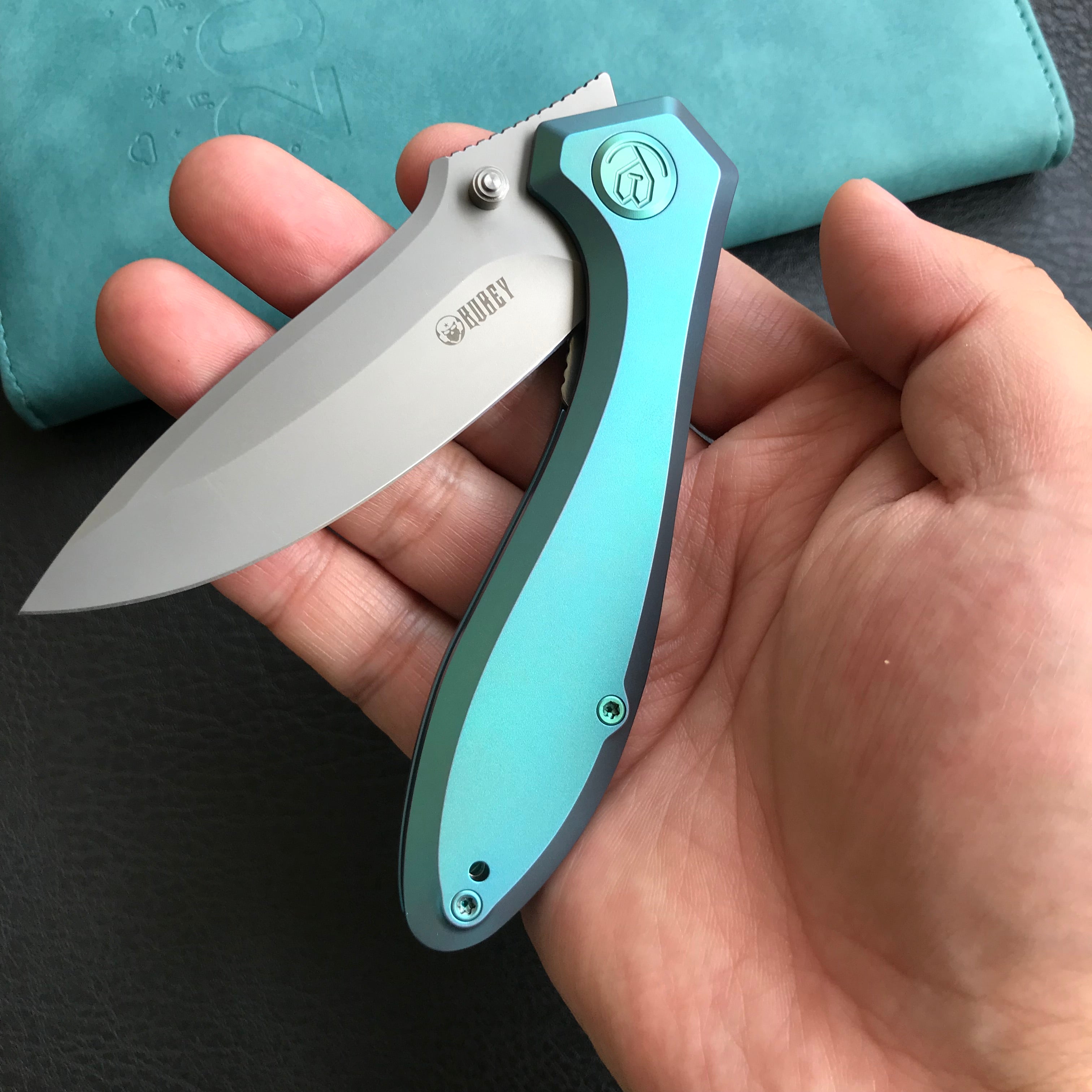 KUBEY KB314S  Ruckus Liner Lock Folding Knife  green Titanium Handle 3.31" Bead Blasted  CPM 20CV