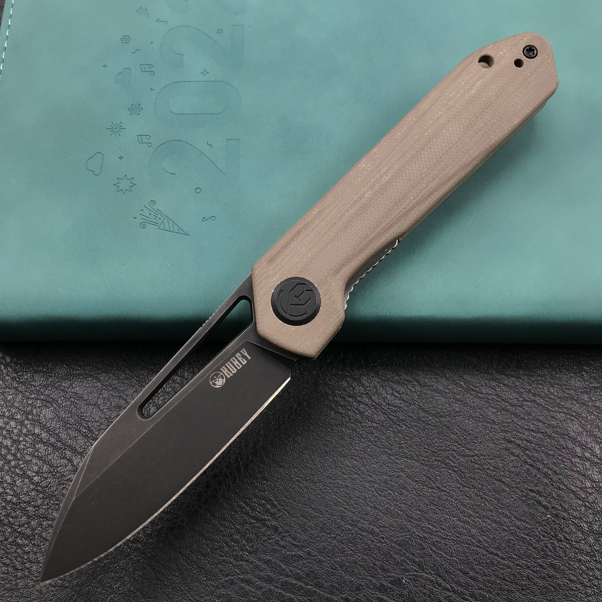 KUBEY KU321E Royal Liner Lock EDC Pocket Knife Front Flipper Tan G10 Handle 2.99"  Dark Stonewahsed D2