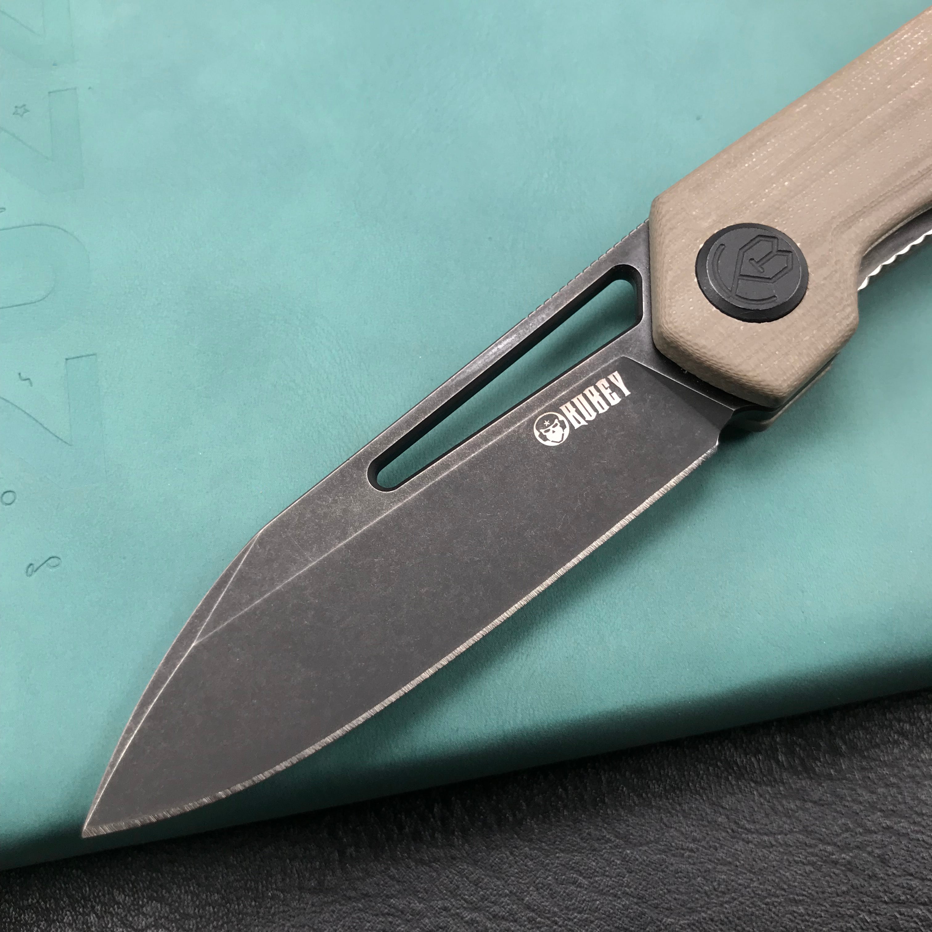 KUBEY KU321E Royal Liner Lock EDC Pocket Knife Front Flipper Tan G10 Handle 2.99"  Dark Stonewahsed D2