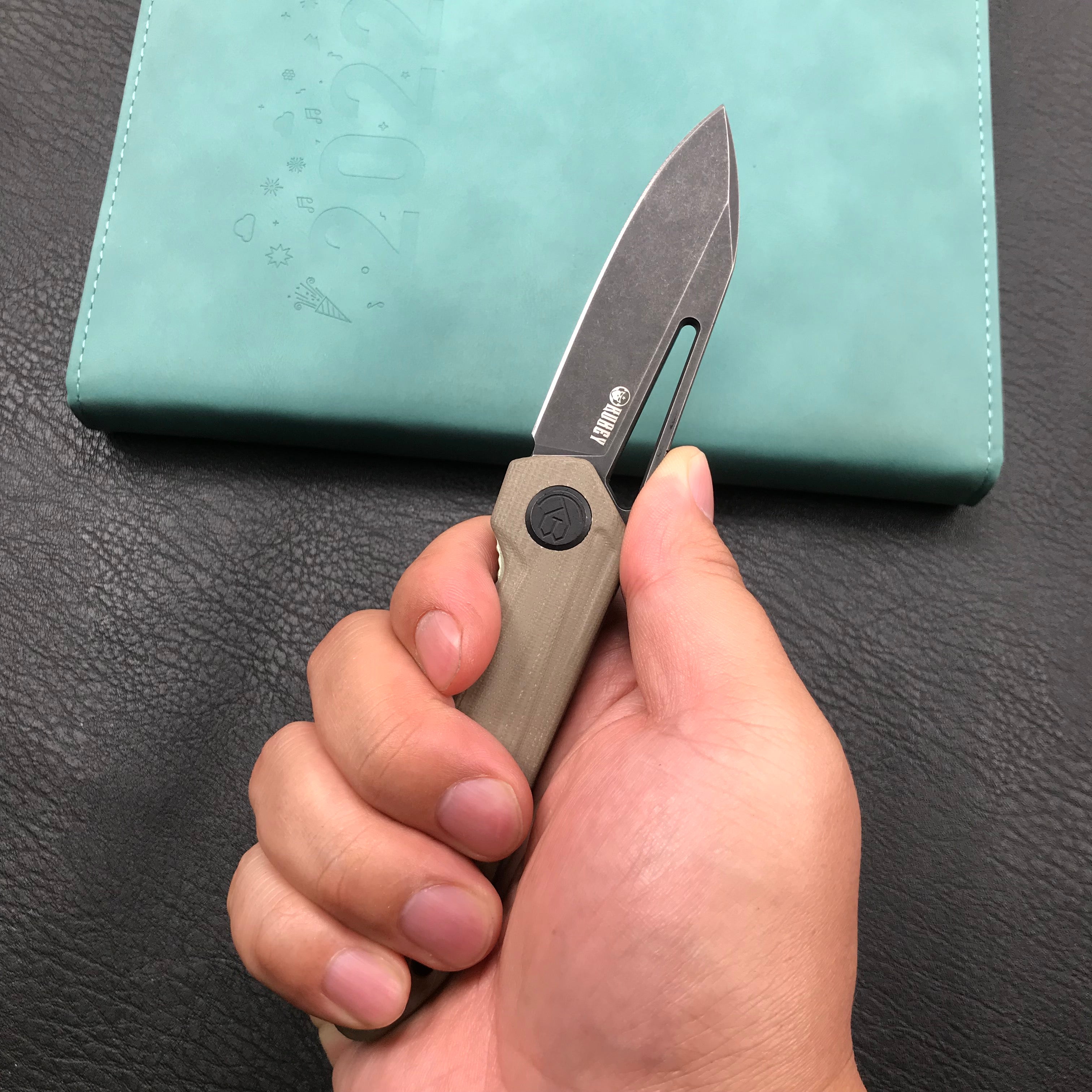 KUBEY KU321E Royal Liner Lock EDC Pocket Knife Front Flipper Tan G10 Handle 2.99"  Dark Stonewahsed D2