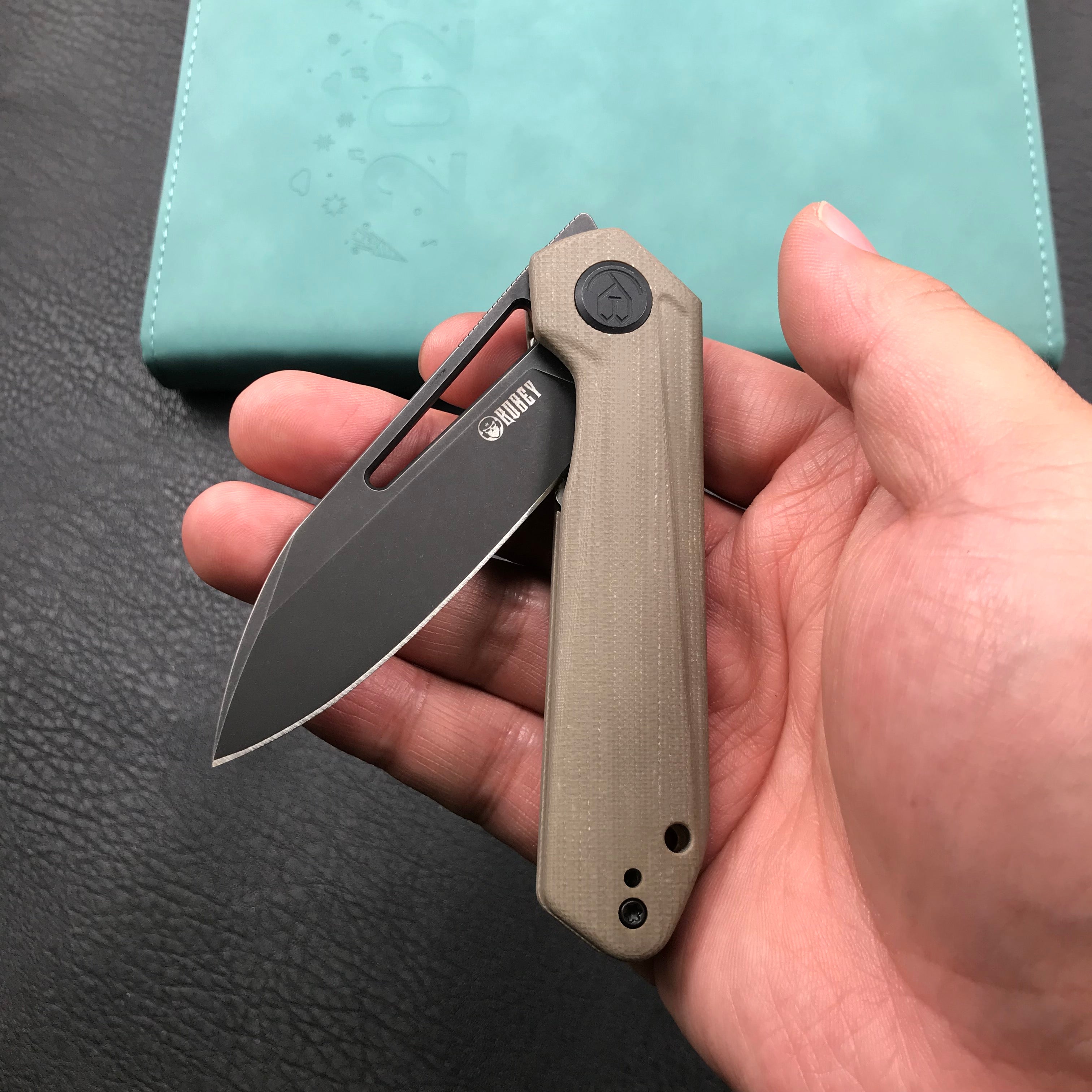 KUBEY KU321E Royal Liner Lock EDC Pocket Knife Front Flipper Tan G10 Handle 2.99"  Dark Stonewahsed D2