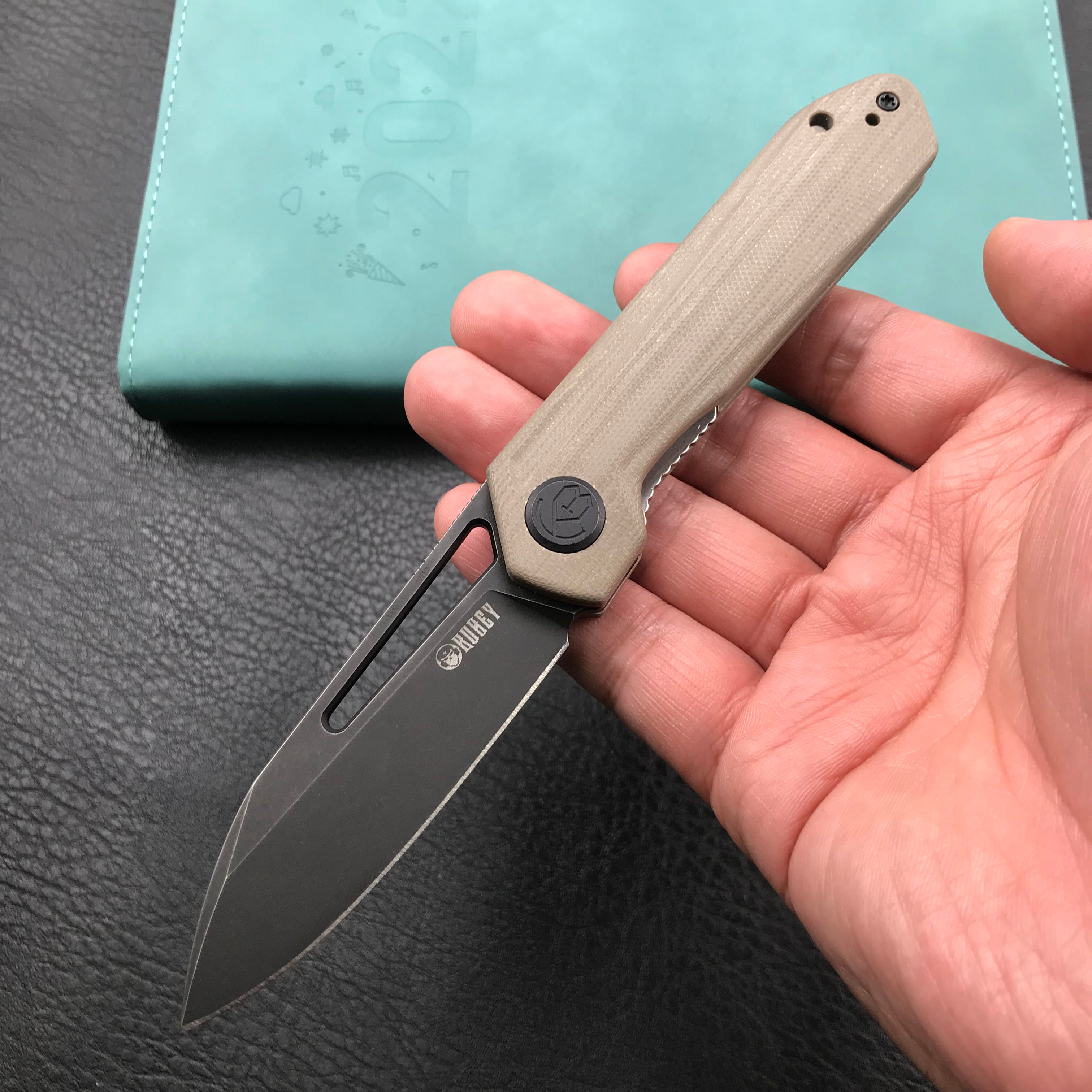 KUBEY KU321E Royal Liner Lock EDC Pocket Knife Front Flipper Tan G10 Handle 2.99"  Dark Stonewahsed D2