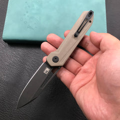 KUBEY KU321E Royal Liner Lock EDC Pocket Knife Front Flipper Tan G10 Handle 2.99"  Dark Stonewahsed D2