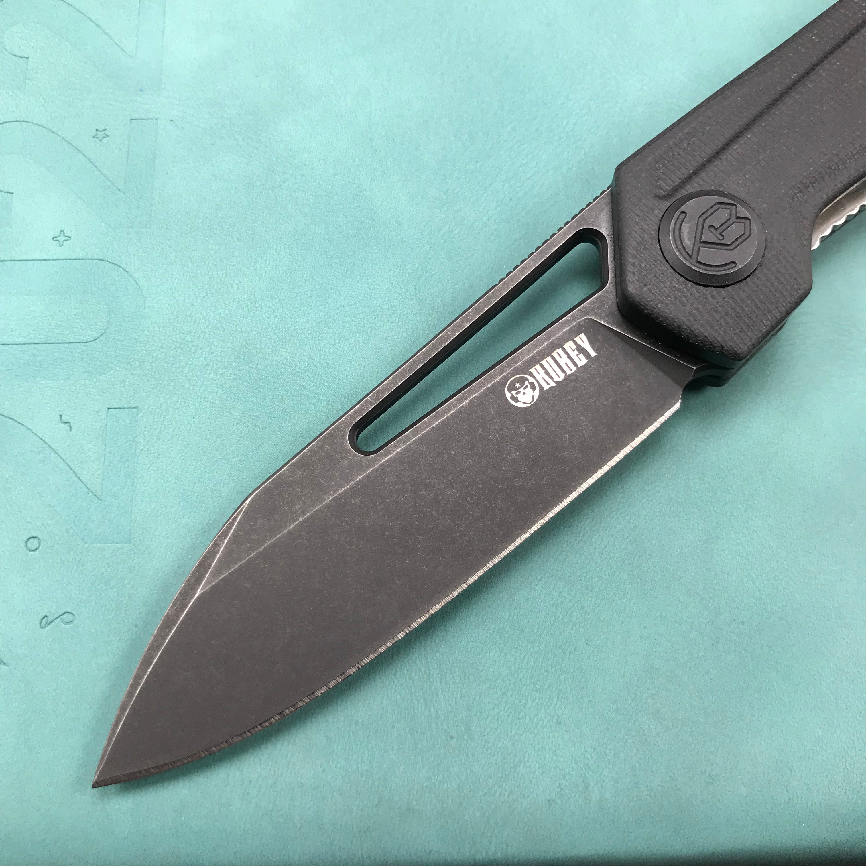 KUBEY KU321H Royal Liner Lock EDC Pocket Knife Front Flipper black G10 Handle 2.99"  Dark Stonewahsed D2