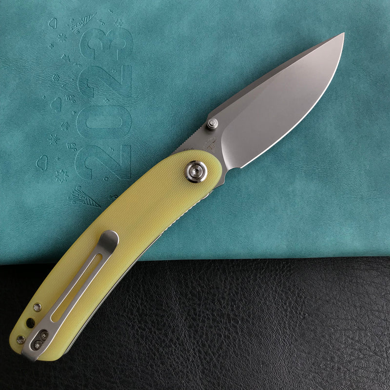 KUBEY KU344 Momentum Sherif Manganas Design Liner Lock Front Flipper / Dual Studs Open Folding Knife Translucent Yellow  G10 Handle 3.43" Bead Blasted AUS-10