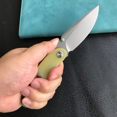 KUBEY KU344 Momentum Sherif Manganas Design Liner Lock Front Flipper / Dual Studs Open Folding Knife Translucent Yellow  G10 Handle 3.43" Bead Blasted AUS-10