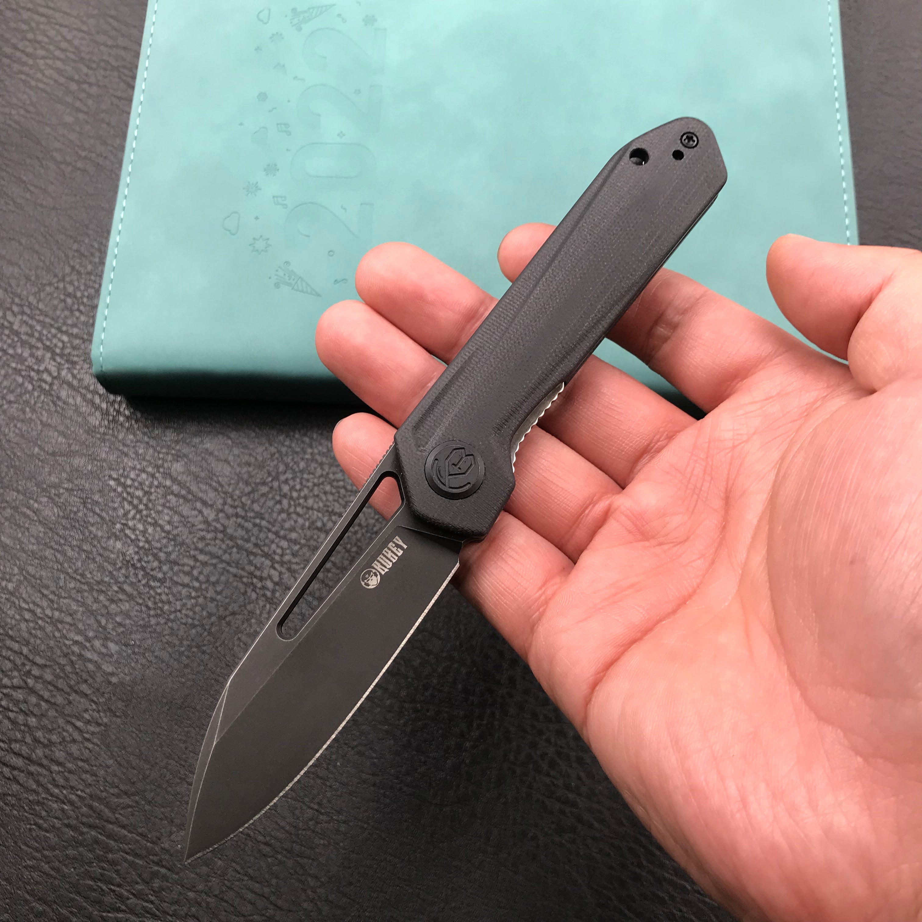 KUBEY KU321H Royal Liner Lock EDC Pocket Knife Front Flipper black G10 Handle 2.99"  Dark Stonewahsed D2