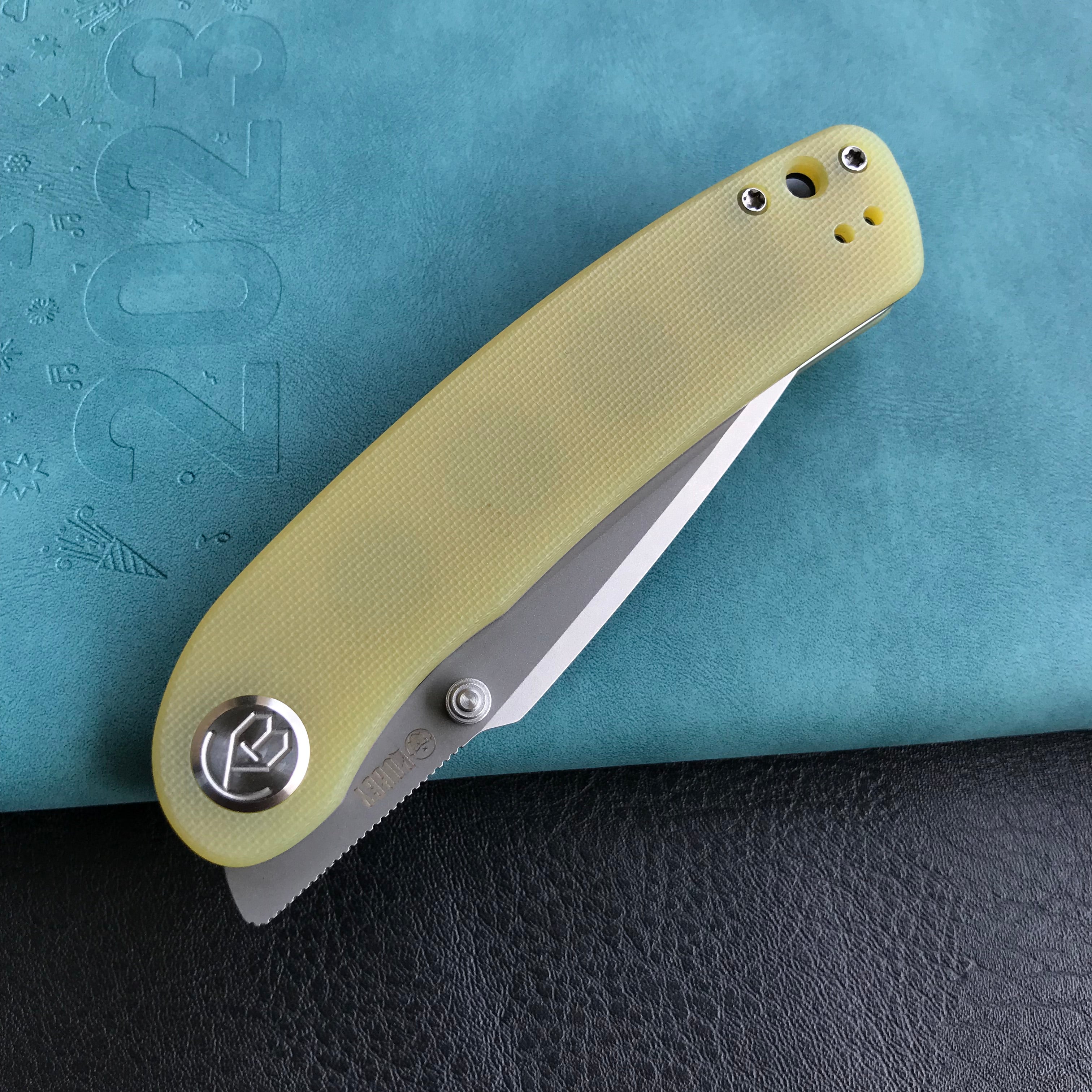 KUBEY KU344 Momentum Sherif Manganas Design Liner Lock Front Flipper / Dual Studs Open Folding Knife Translucent Yellow  G10 Handle 3.43" Bead Blasted AUS-10