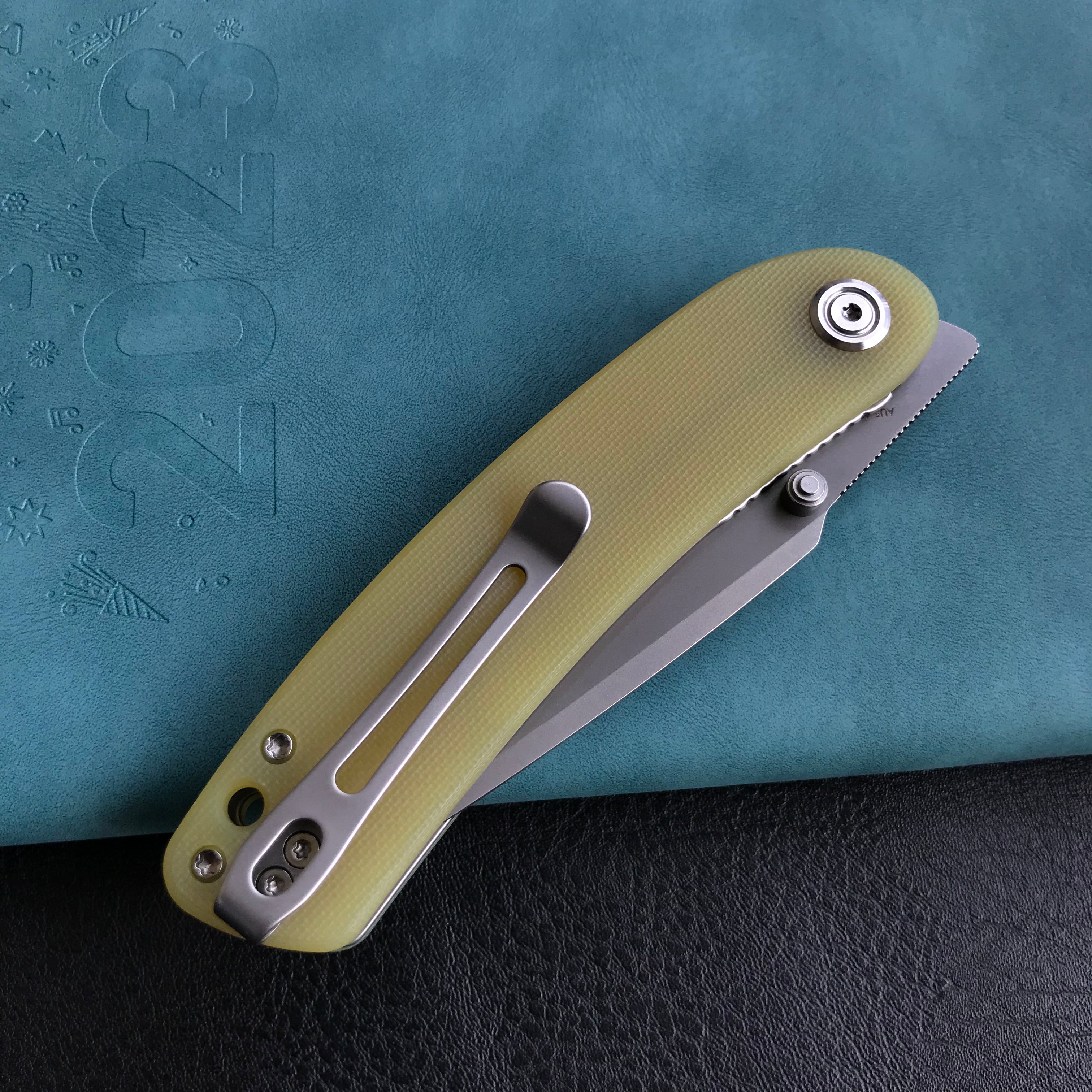 KUBEY KU344 Momentum Sherif Manganas Design Liner Lock Front Flipper / Dual Studs Open Folding Knife Translucent Yellow  G10 Handle 3.43" Bead Blasted AUS-10