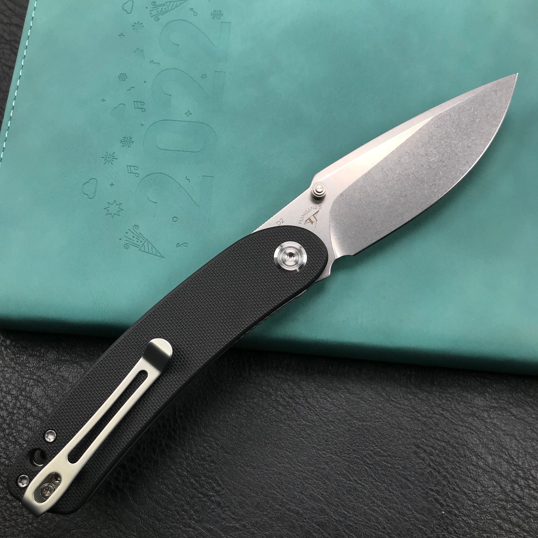 KUBEY  KU344A Momentum Sherif Manganas Design Liner Lock Front Flipper  Dual Studs Open Folding Knife Black G10 Handle 3.43" Blasted Stonewashed D2