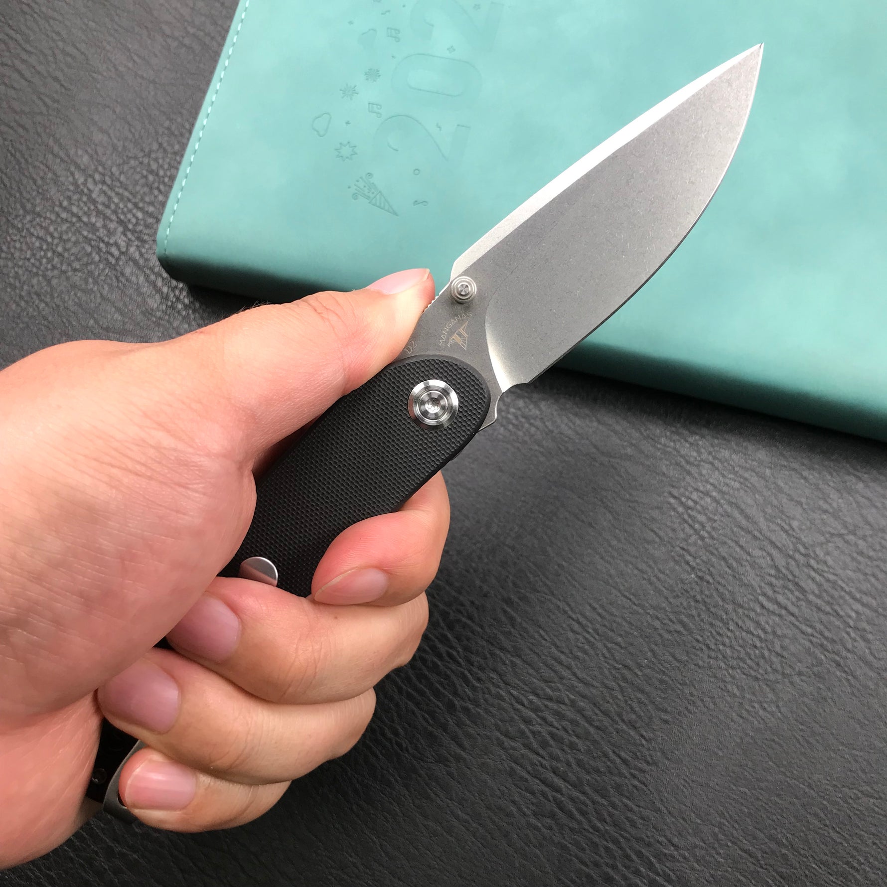 KUBEY  KU344A Momentum Sherif Manganas Design Liner Lock Front Flipper  Dual Studs Open Folding Knife Black G10 Handle 3.43" Blasted Stonewashed D2