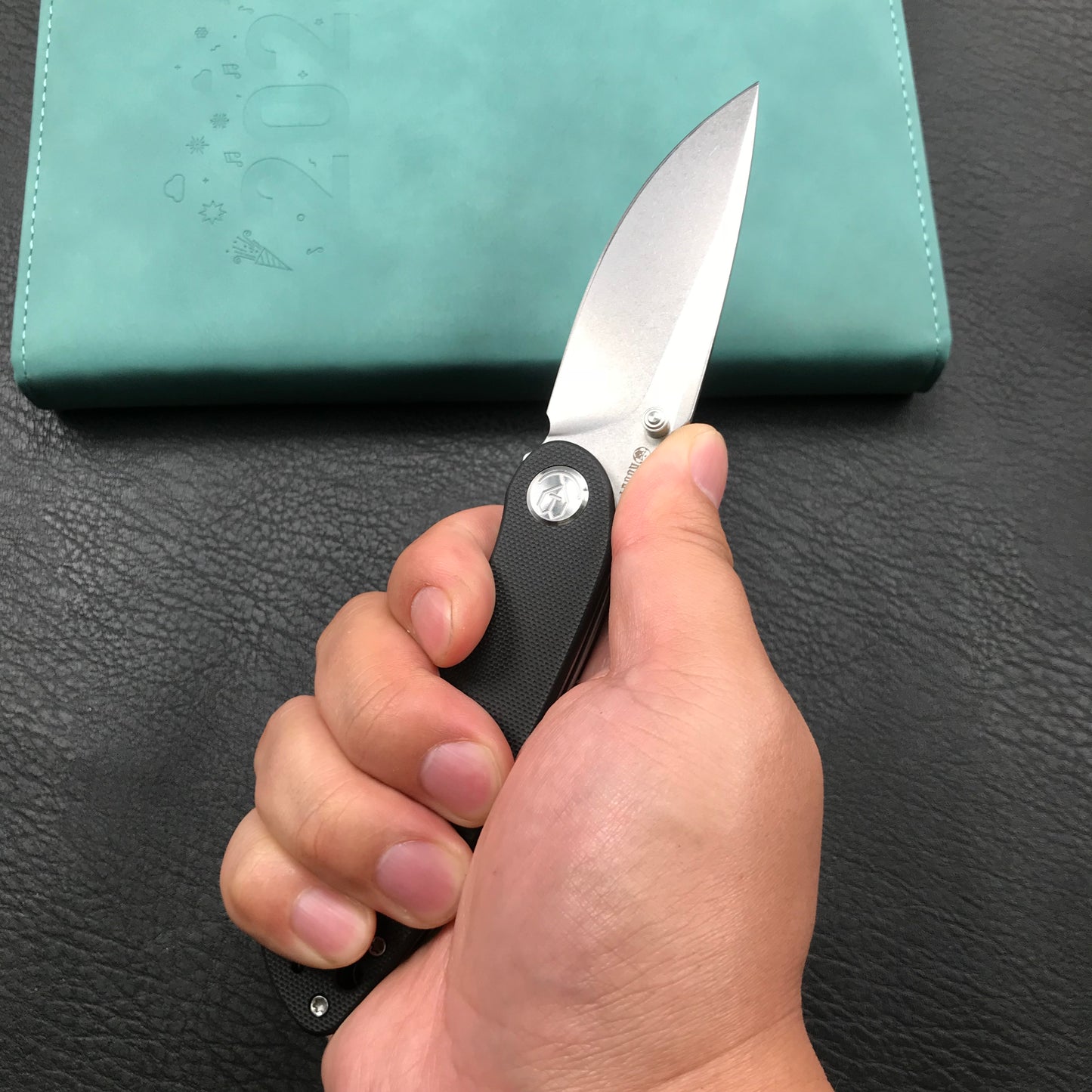 KUBEY  KU344A Momentum Sherif Manganas Design Liner Lock Front Flipper  Dual Studs Open Folding Knife Black G10 Handle 3.43" Blasted Stonewashed D2