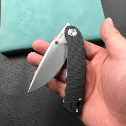 KUBEY  KU344A Momentum Sherif Manganas Design Liner Lock Front Flipper  Dual Studs Open Folding Knife Black G10 Handle 3.43" Blasted Stonewashed D2