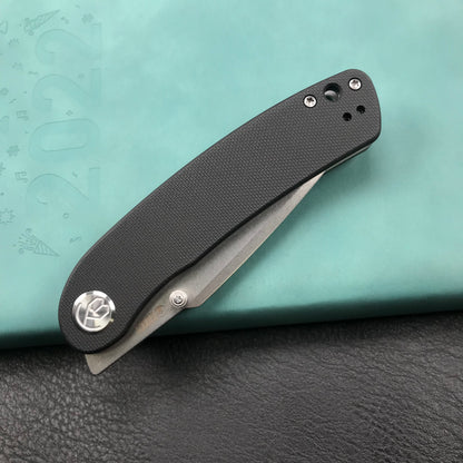 KUBEY  KU344A Momentum Sherif Manganas Design Liner Lock Front Flipper  Dual Studs Open Folding Knife Black G10 Handle 3.43" Blasted Stonewashed D2