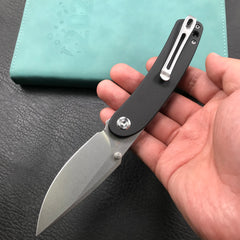 KUBEY  KU344A Momentum Sherif Manganas Design Liner Lock Front Flipper  Dual Studs Open Folding Knife Black G10 Handle 3.43" Blasted Stonewashed D2