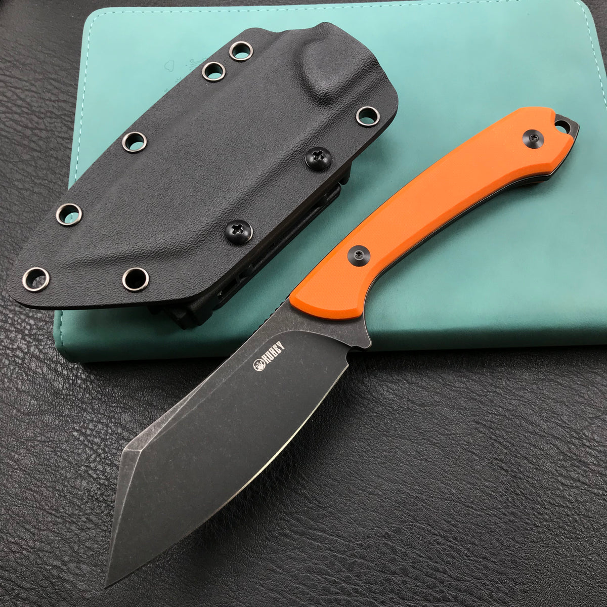 KUBEY KU302B Fixed Blade Outdoor Survival Knife Orange G10 Handle 4.09" Dark Stonewashed Tanto D2 Tek-lok Kydex Sheath