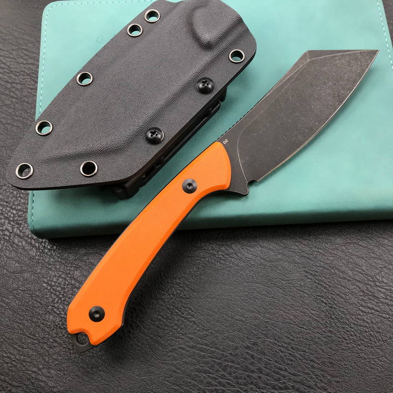 KUBEY KU302B Fixed Blade Outdoor Survival Knife Orange G10 Handle 4.09" Dark Stonewashed Tanto D2 Tek-lok Kydex Sheath