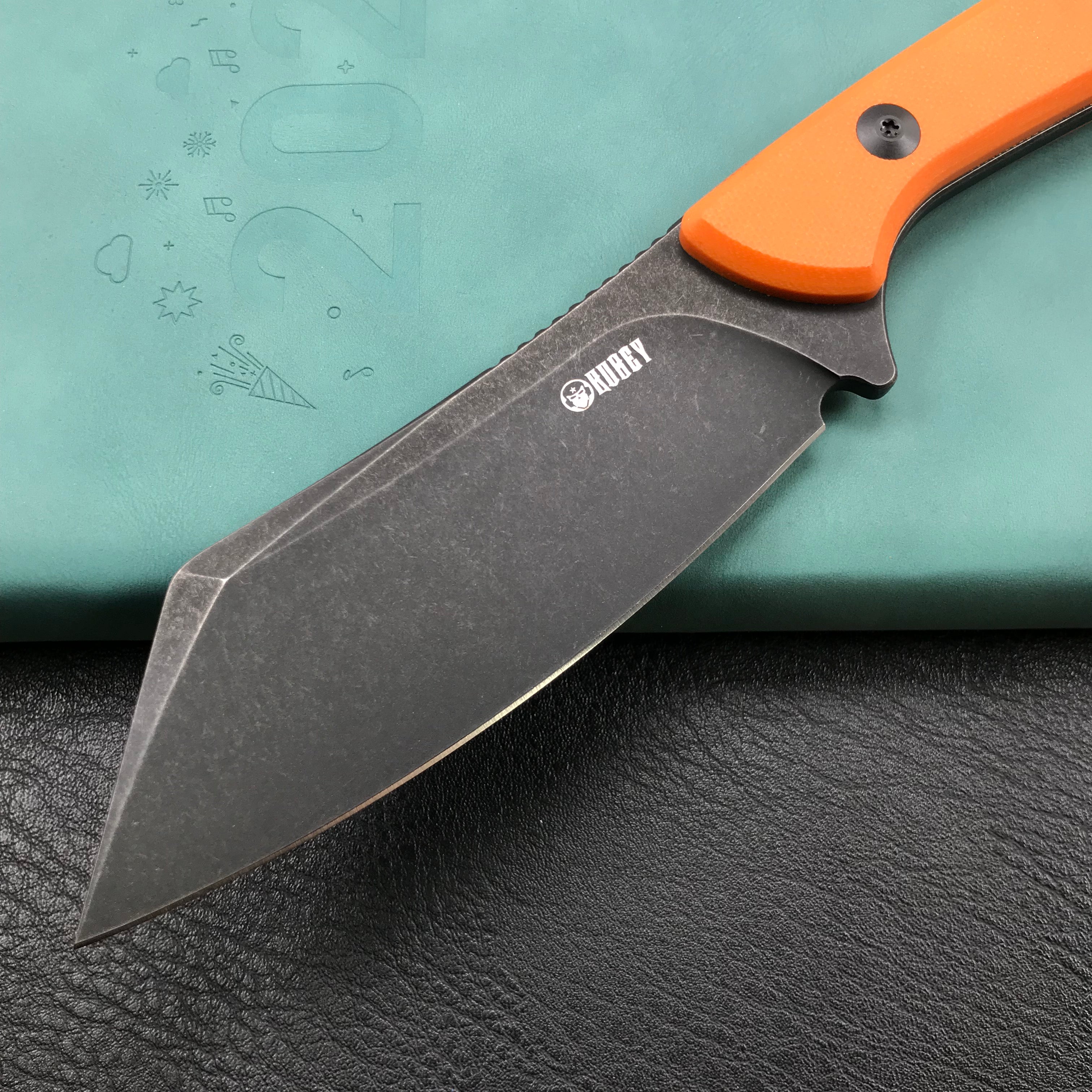 KUBEY KU302B Fixed Blade Outdoor Survival Knife Orange G10 Handle 4.09" Dark Stonewashed Tanto D2 Tek-lok Kydex Sheath