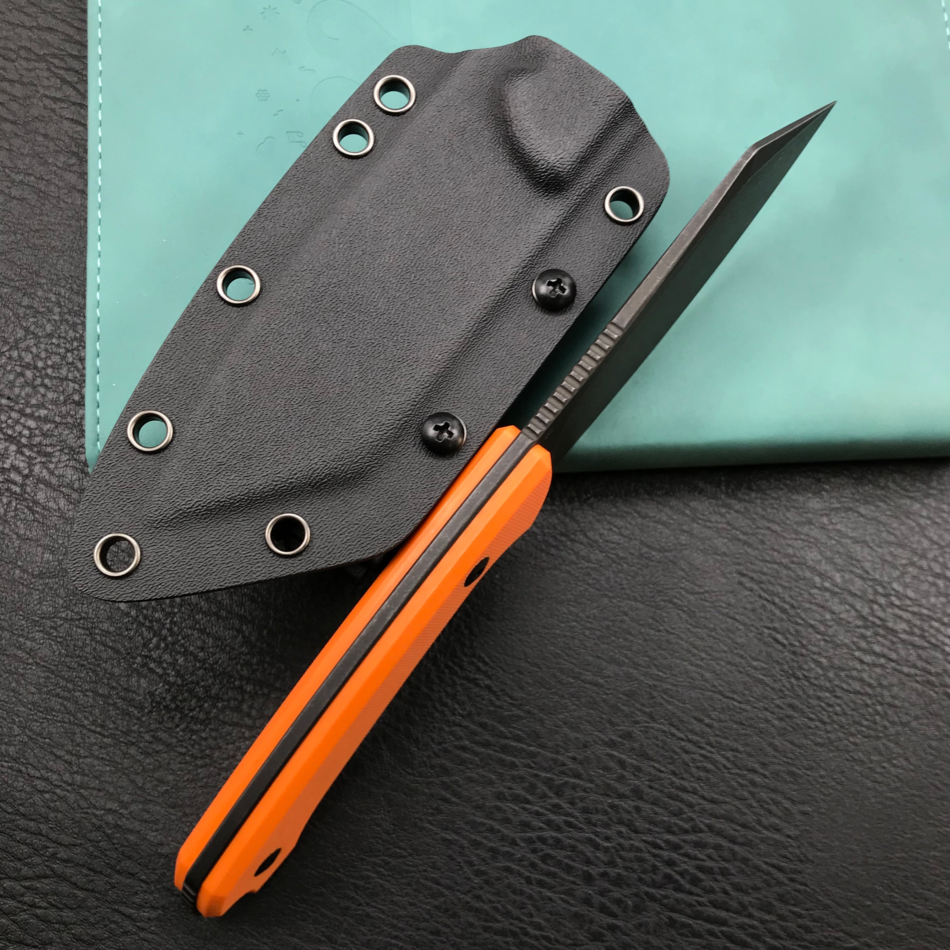 KUBEY KU302B Fixed Blade Outdoor Survival Knife Orange G10 Handle 4.09" Dark Stonewashed Tanto D2 Tek-lok Kydex Sheath