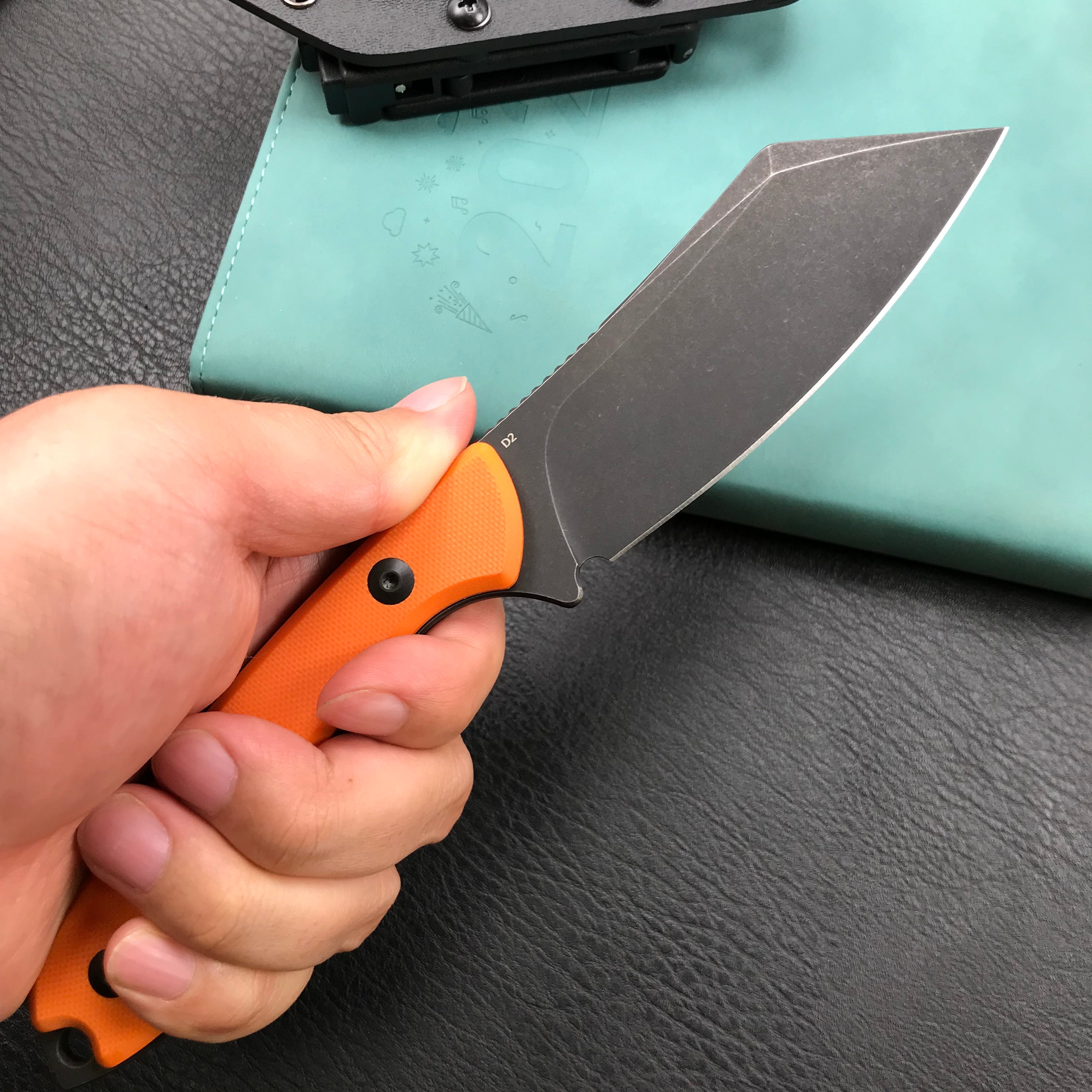 KUBEY KU302B Fixed Blade Outdoor Survival Knife Orange G10 Handle 4.09" Dark Stonewashed Tanto D2 Tek-lok Kydex Sheath