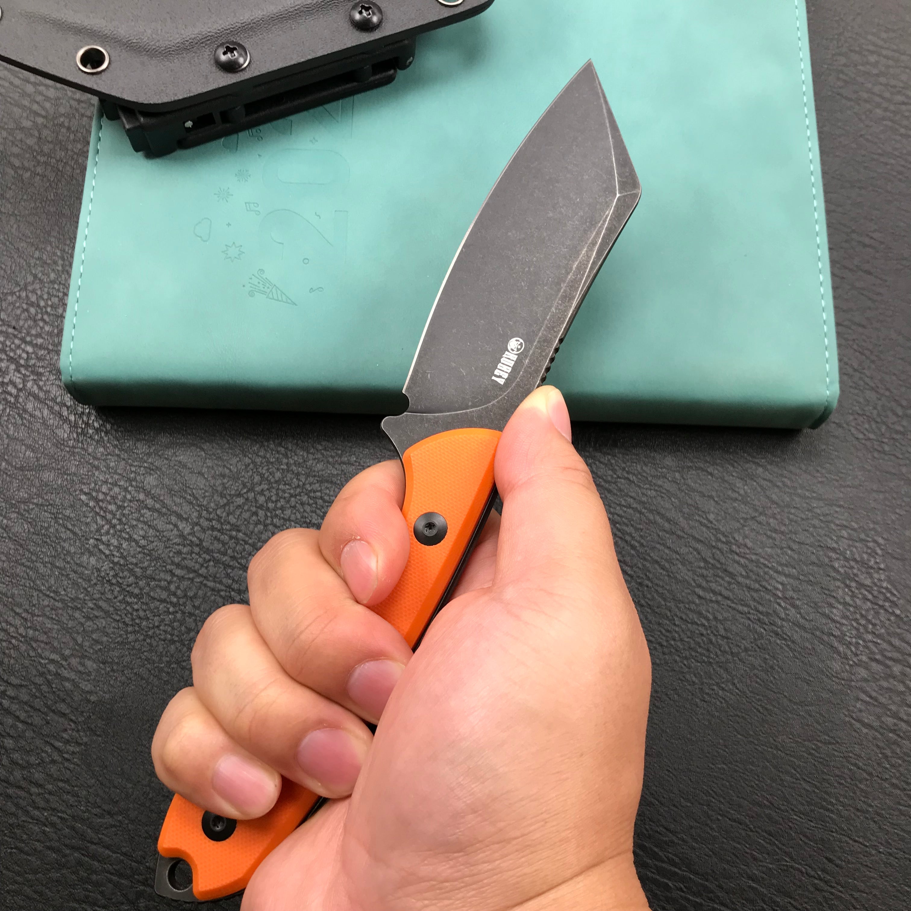 KUBEY KU302B Fixed Blade Outdoor Survival Knife Orange G10 Handle 4.09" Dark Stonewashed Tanto D2 Tek-lok Kydex Sheath