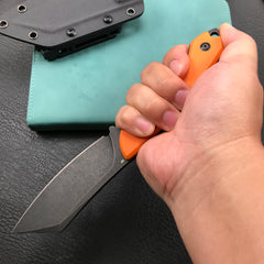 KUBEY KU302B Fixed Blade Outdoor Survival Knife Orange G10 Handle 4.09" Dark Stonewashed Tanto D2 Tek-lok Kydex Sheath