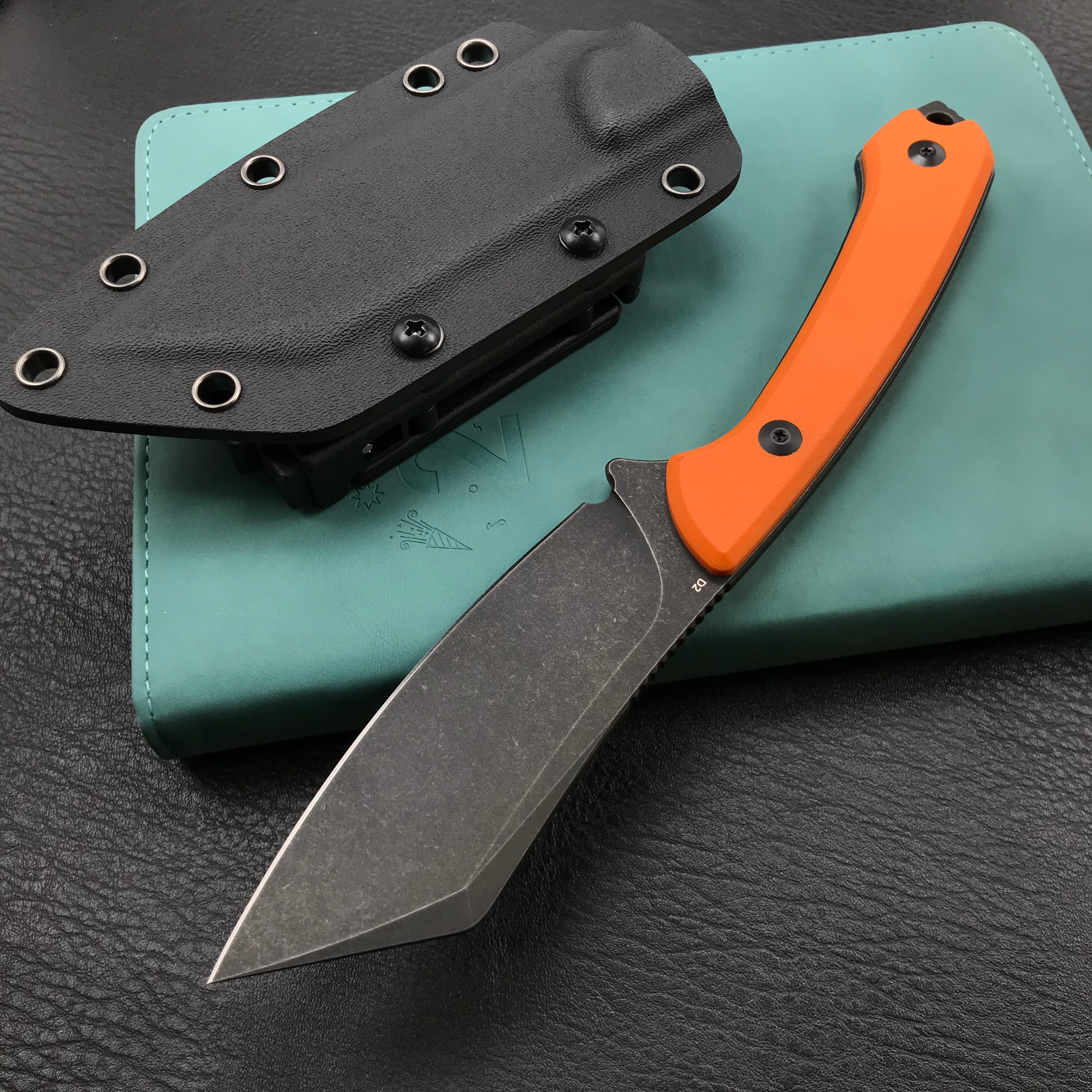 KUBEY KU302B Fixed Blade Outdoor Survival Knife Orange G10 Handle 4.09" Dark Stonewashed Tanto D2 Tek-lok Kydex Sheath