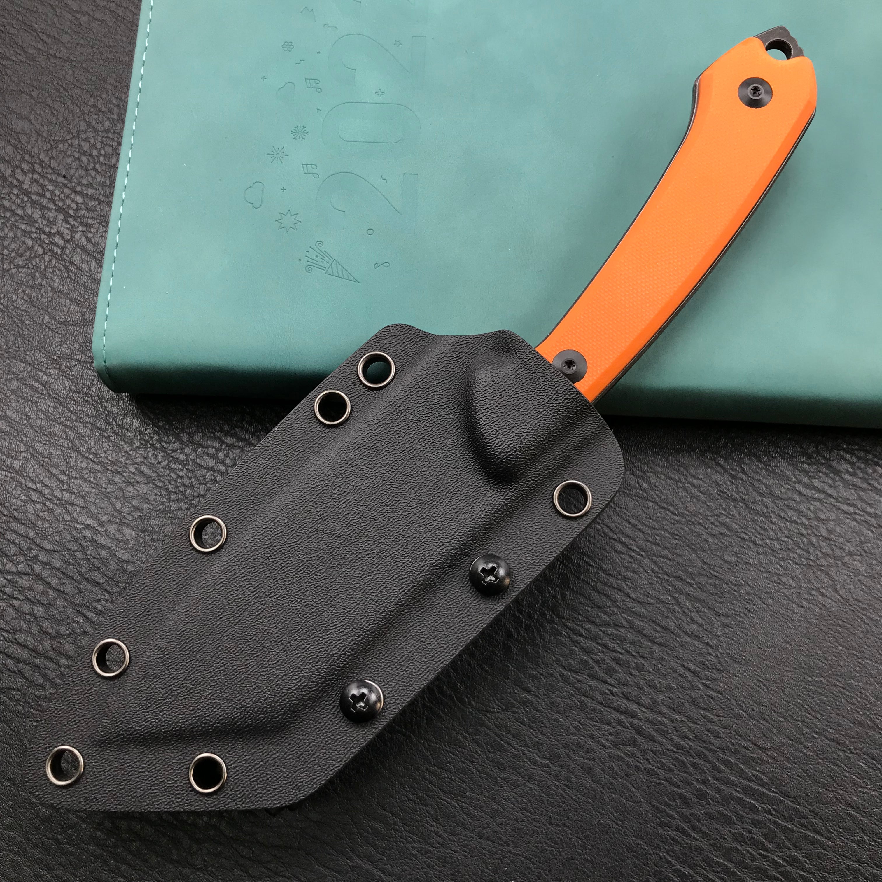 KUBEY KU302B Fixed Blade Outdoor Survival Knife Orange G10 Handle 4.09" Dark Stonewashed Tanto D2 Tek-lok Kydex Sheath