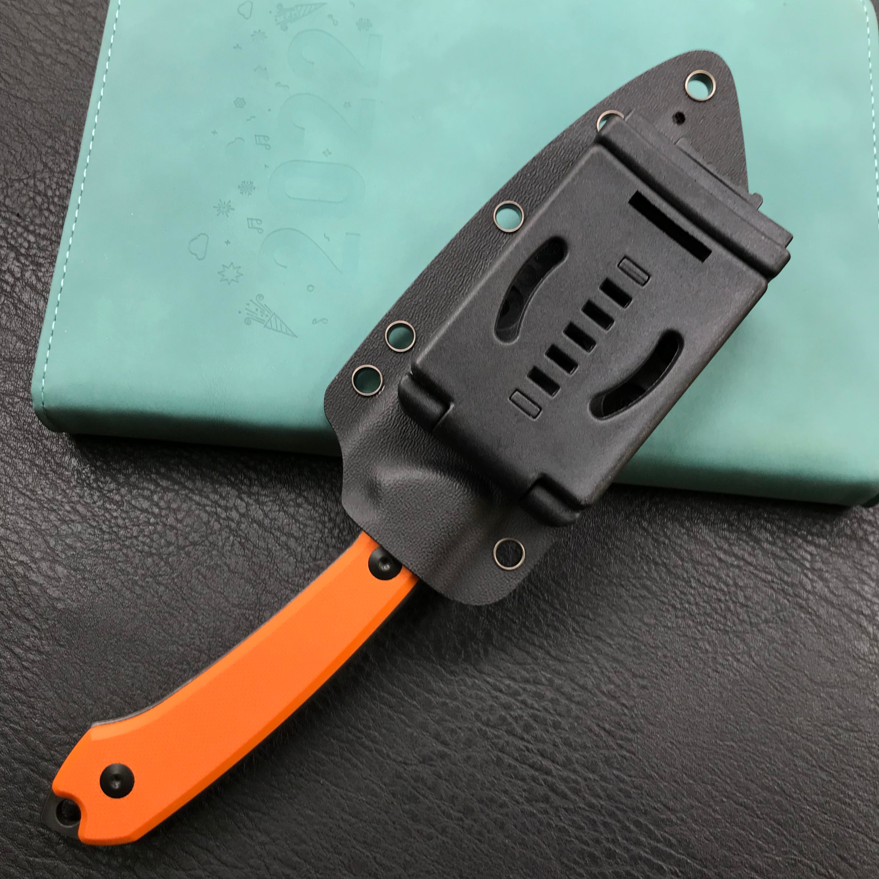 KUBEY KU302B Fixed Blade Outdoor Survival Knife Orange G10 Handle 4.09" Dark Stonewashed Tanto D2 Tek-lok Kydex Sheath