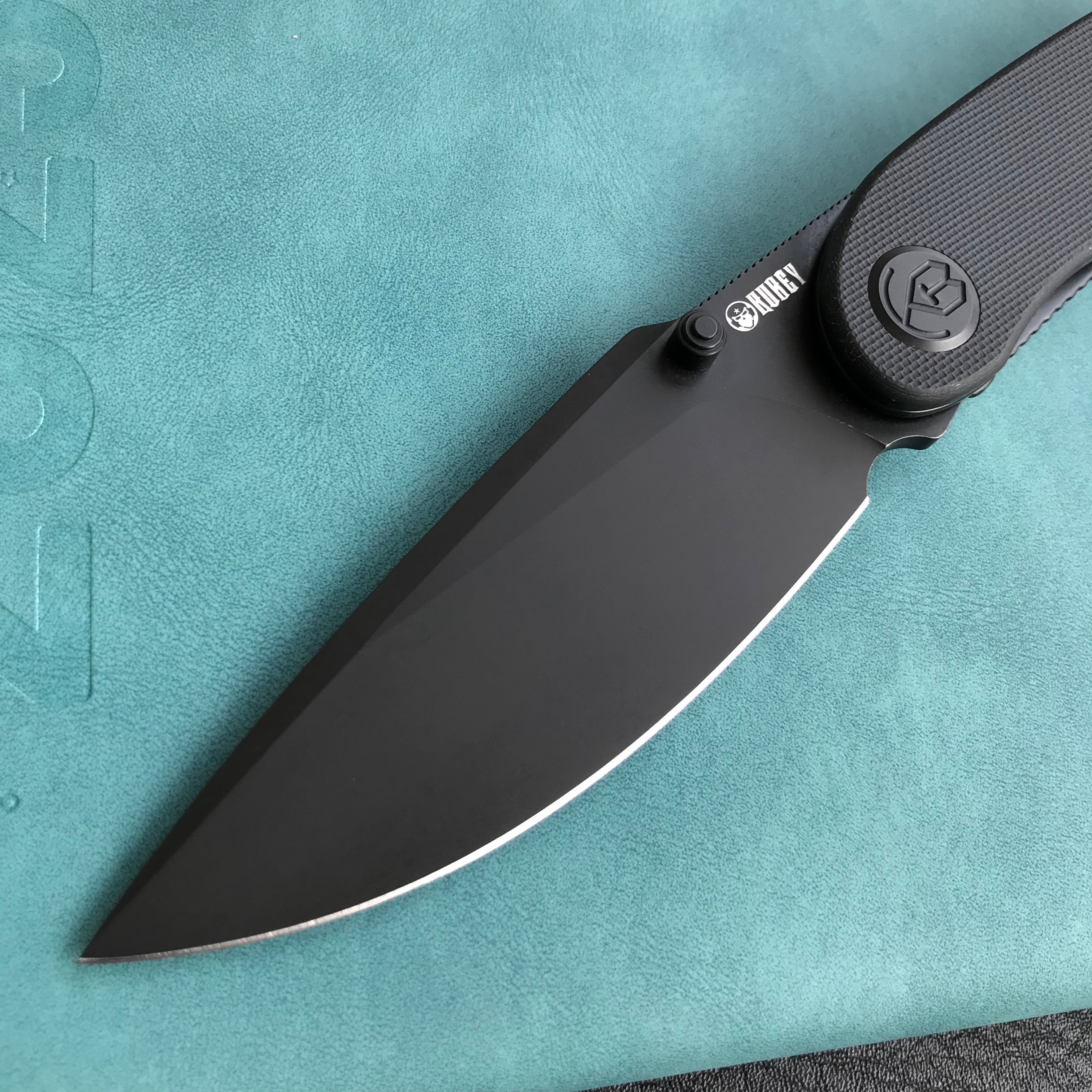 KUBEY KU344  Momentum Sherif Manganas Design Liner Lock Front Flipper / Dual Studs Open Folding Knife Black G10 Handle 3.43" Dark Stonewashed AUS-10