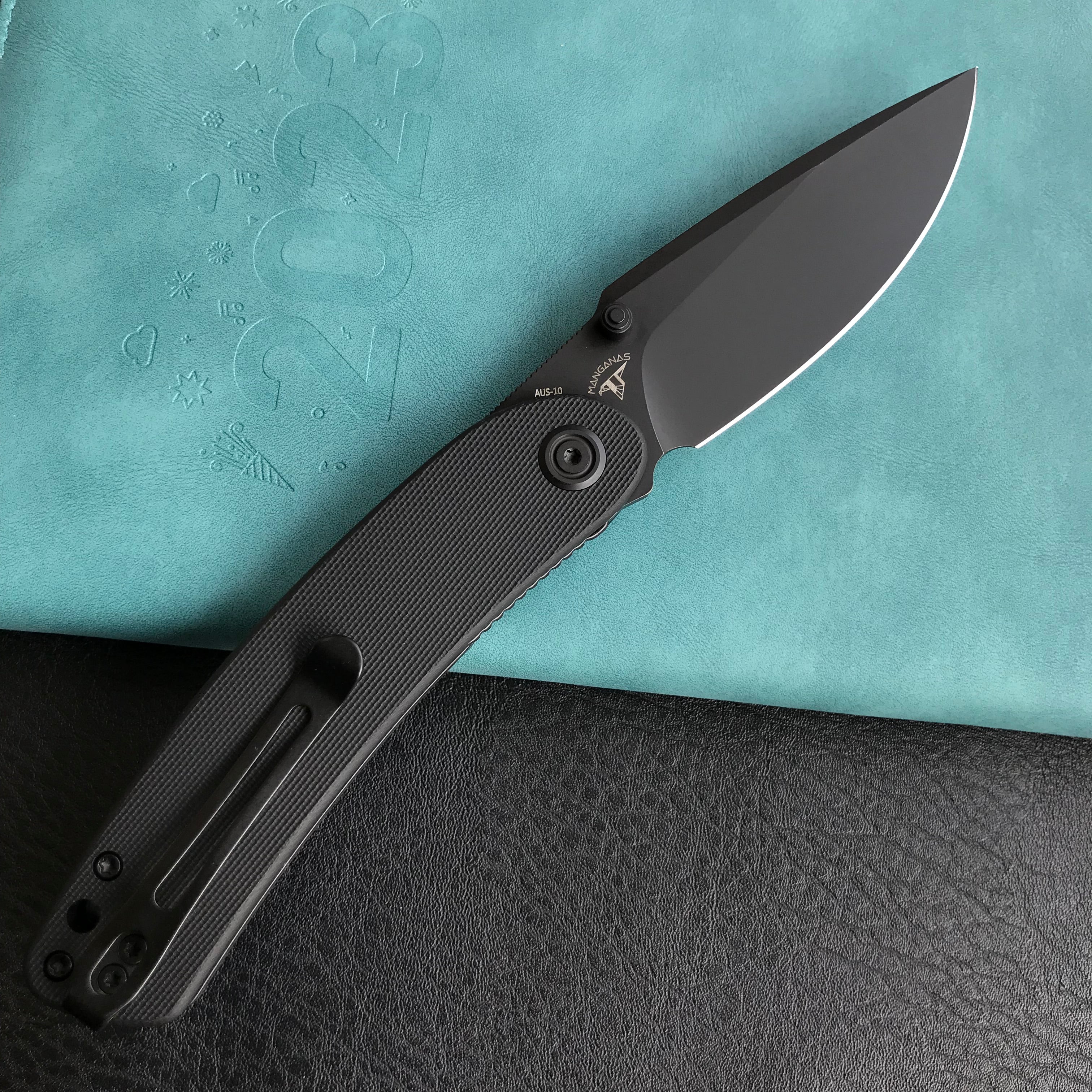 KUBEY KU344  Momentum Sherif Manganas Design Liner Lock Front Flipper / Dual Studs Open Folding Knife Black G10 Handle 3.43" Dark Stonewashed AUS-10