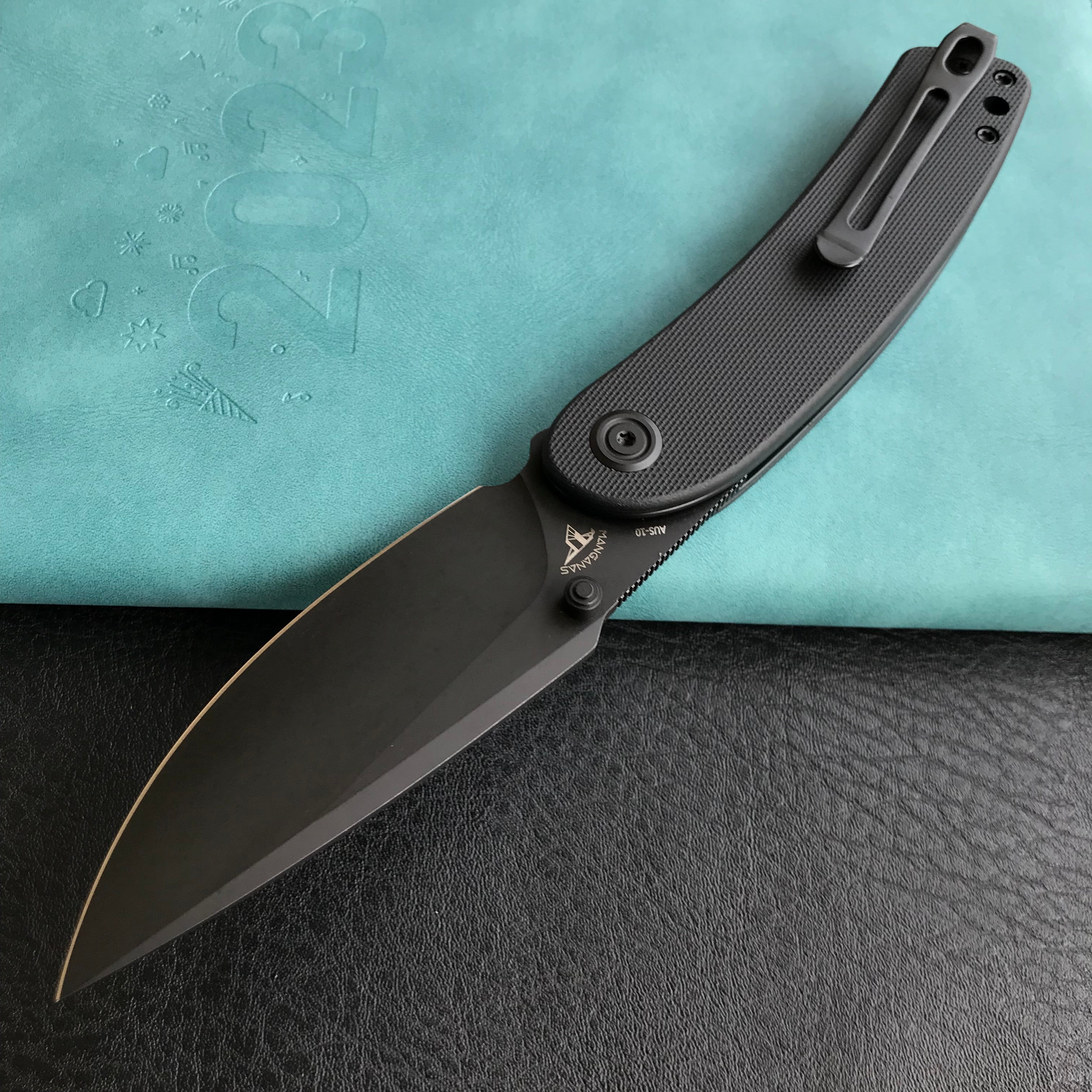 KUBEY KU344  Momentum Sherif Manganas Design Liner Lock Front Flipper / Dual Studs Open Folding Knife Black G10 Handle 3.43" Dark Stonewashed AUS-10