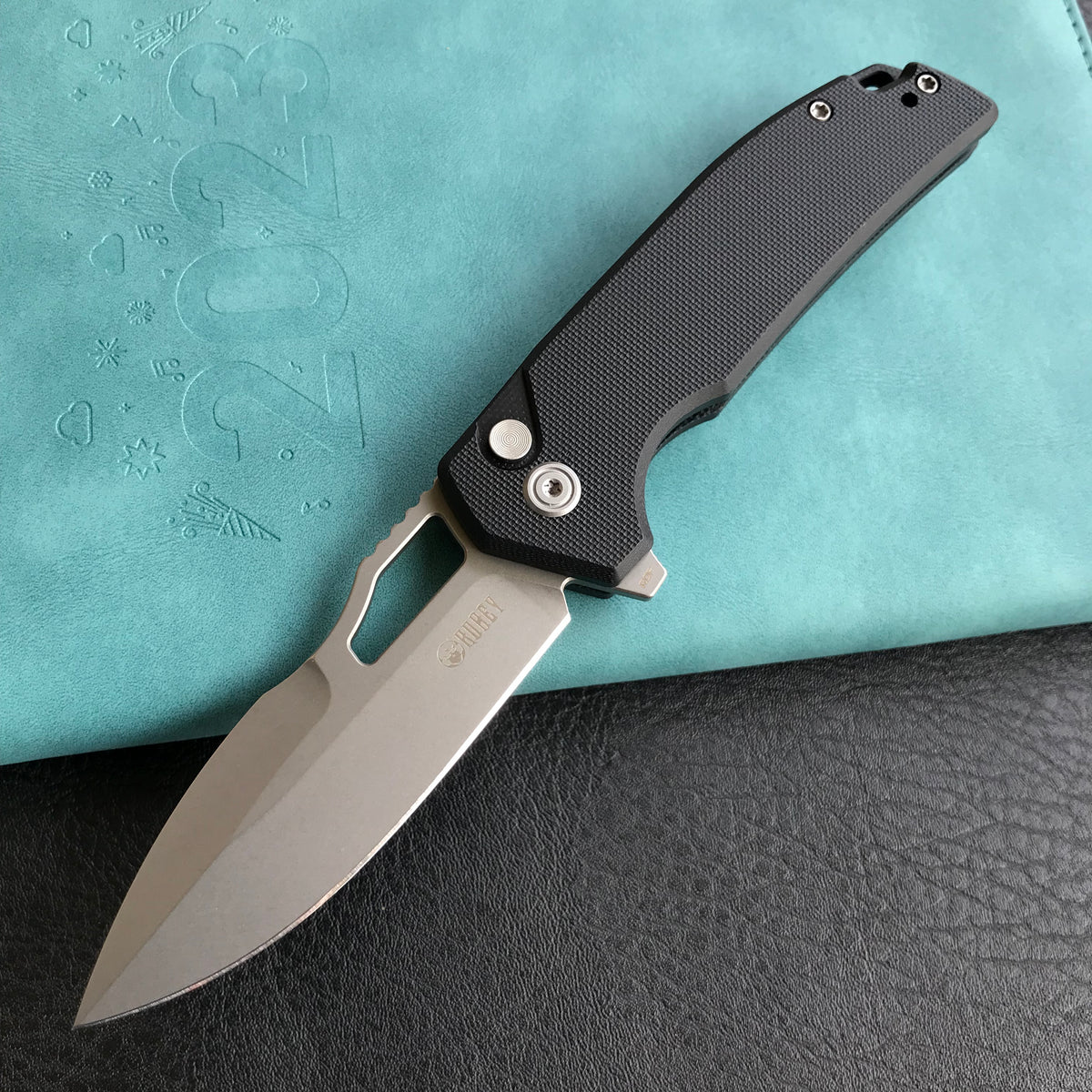 KUBEY KU316E RDF Pocket Knife with Button Lock, Full-Contoured Black G-10 Handle 3.11" Bead Blasted AUS-10 Blade, Lightweight Hydra Designed Folding Knife for EDC