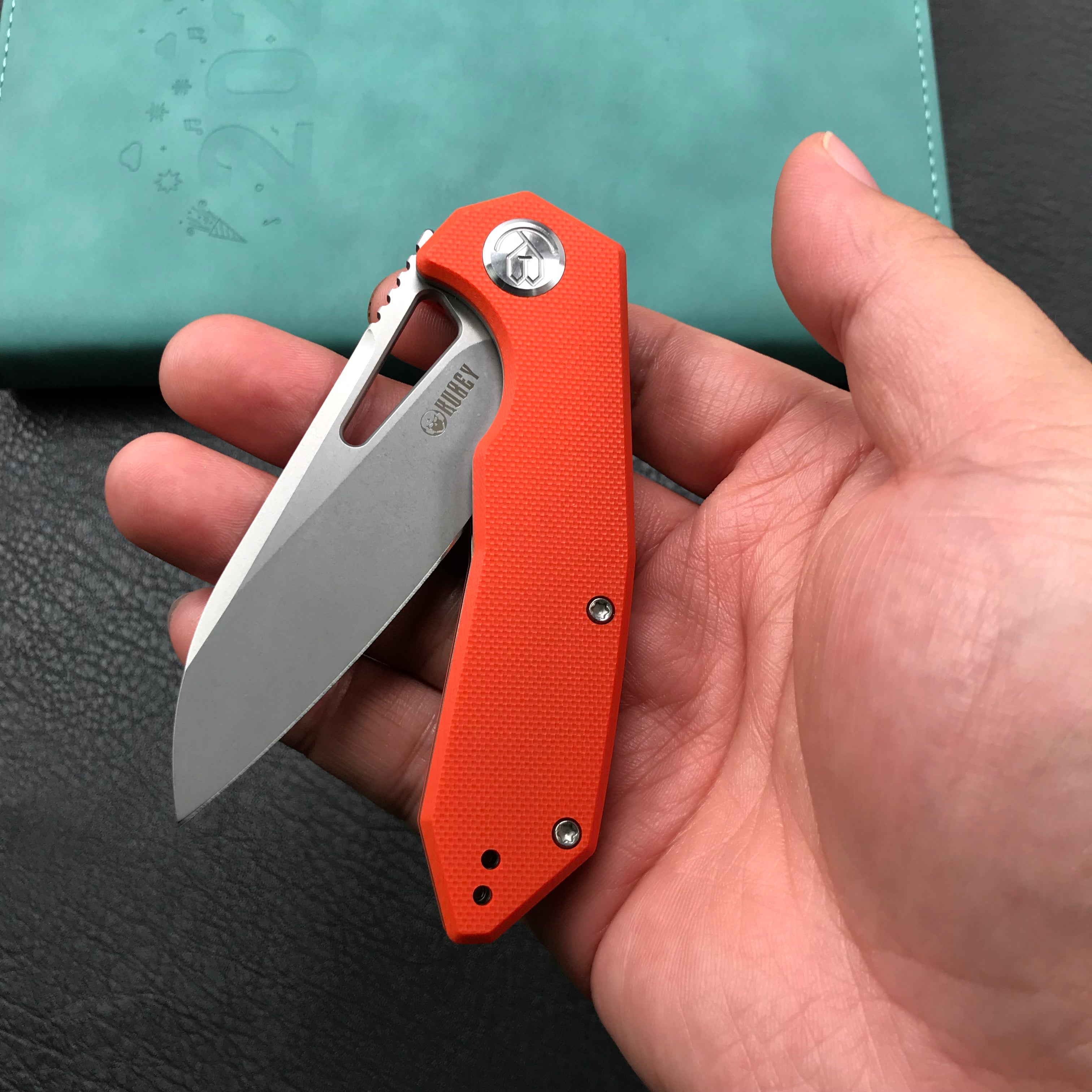 KUBEY KU291D  Vagrant Liner Lock Folding Knife Orange G10 Handle 3.1" Blasted Stonewashed   AUS-10