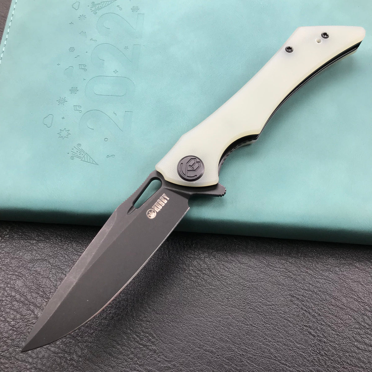 KUBEY KB245G Raven Liner Lock Flipper Knife  Jade G10 Handle 3.5" Dark Stonewashed AUS-10