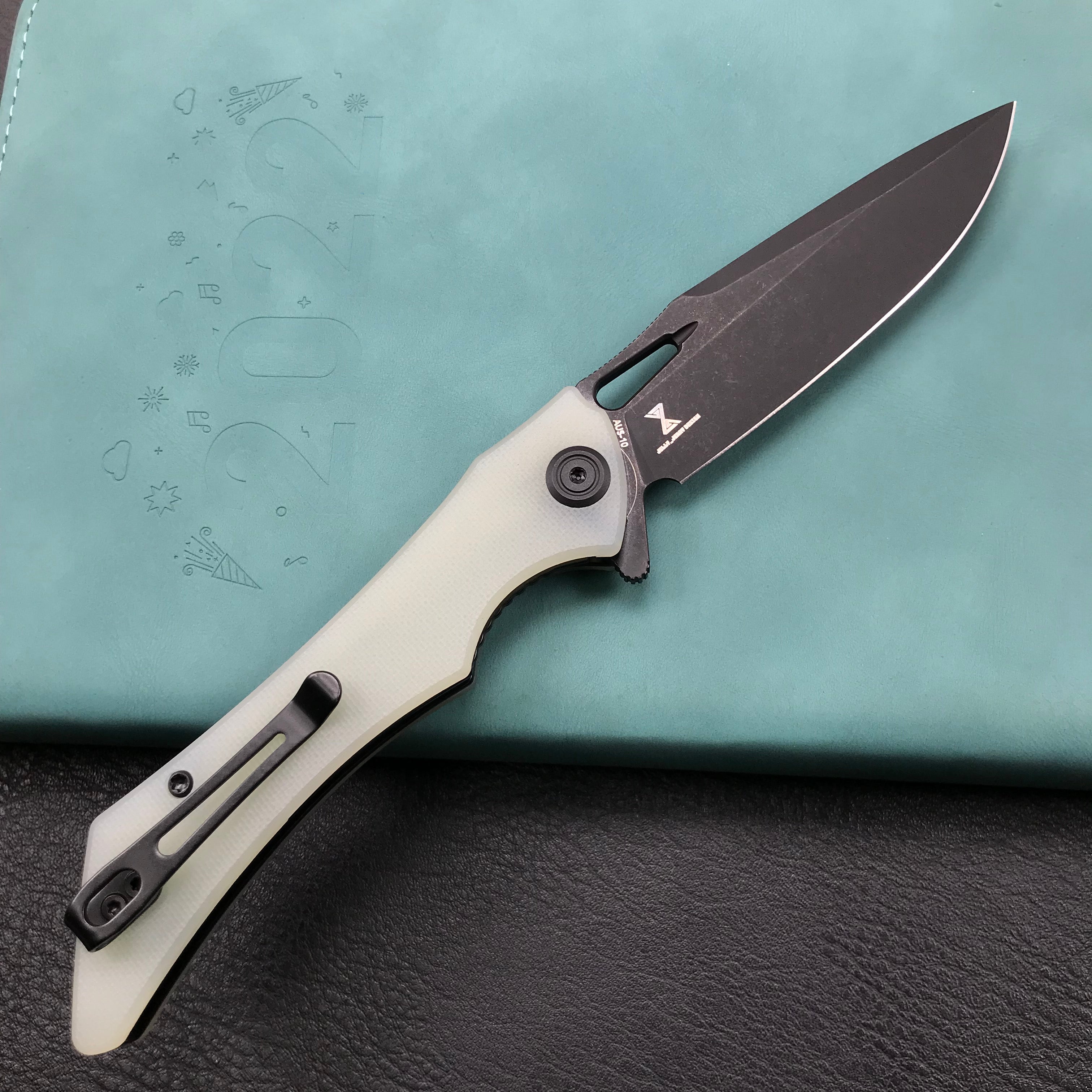 KUBEY KB245G Raven Liner Lock Flipper Knife  Jade G10 Handle 3.5" Dark Stonewashed AUS-10