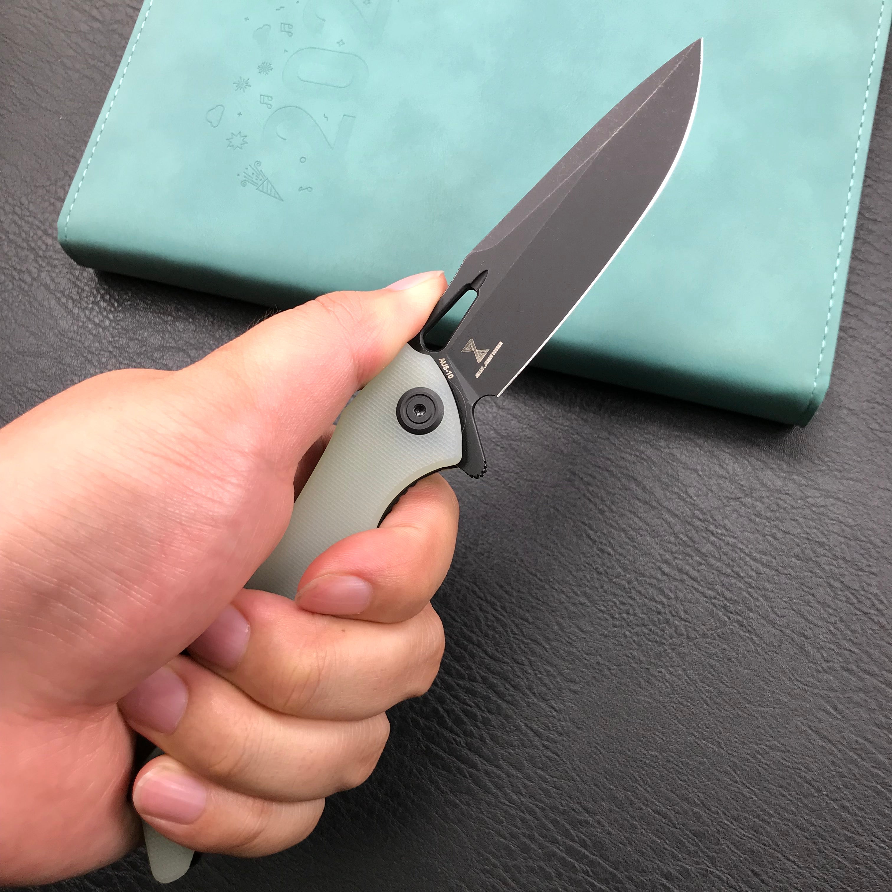 KUBEY KB245G Raven Liner Lock Flipper Knife  Jade G10 Handle 3.5" Dark Stonewashed AUS-10