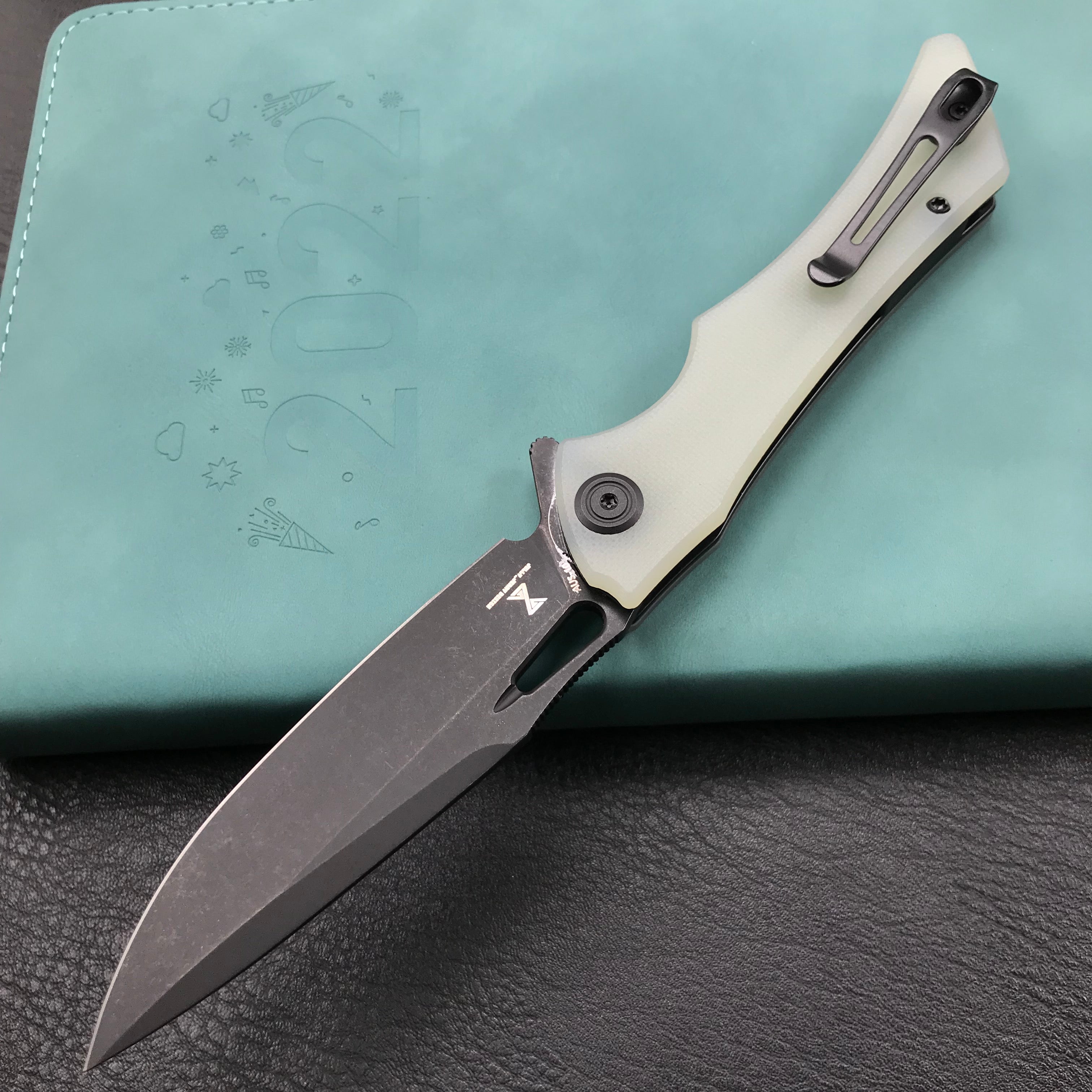 KUBEY KB245G Raven Liner Lock Flipper Knife  Jade G10 Handle 3.5" Dark Stonewashed AUS-10